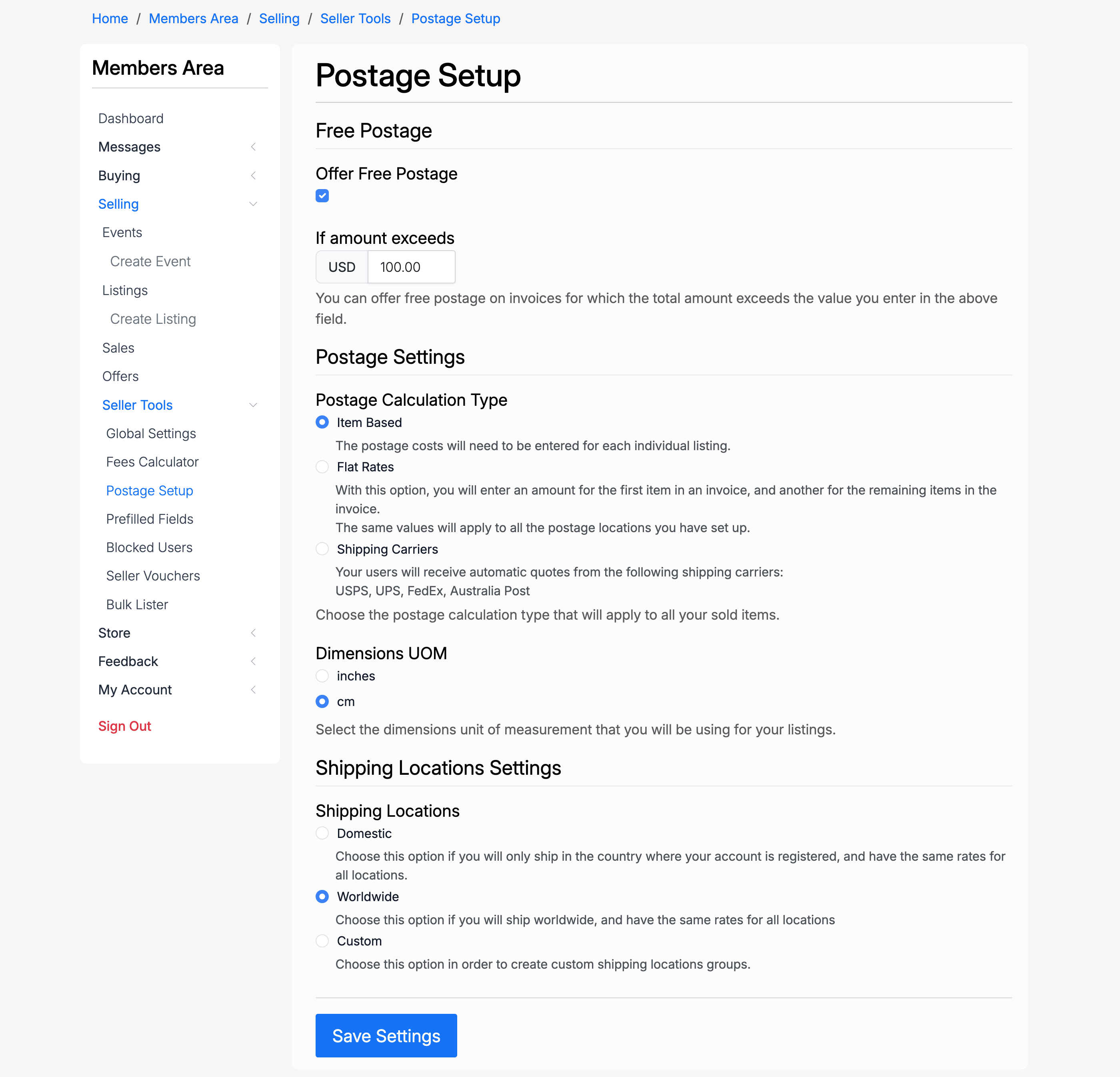 PHP Pro Bid — Postage Setup page showing Free Postage, Postage Settings, Dimensions UOM, and Shipping Locations Settings sections