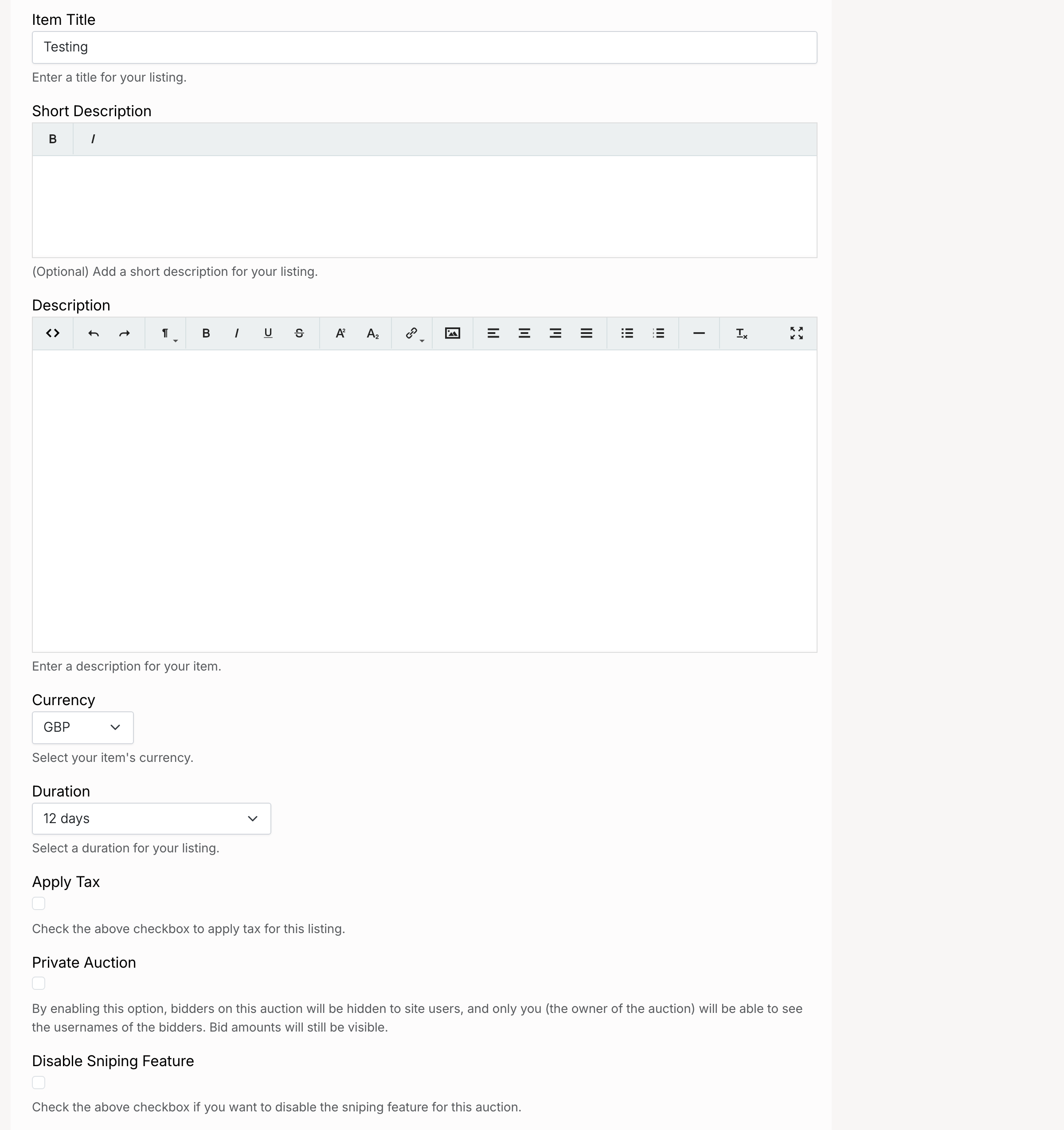 PHP Pro Bid — Item details section with Item Title, Short Description, Description, Currency, Duration, Apply Tax, Private Auction, and Disable Sniping fields