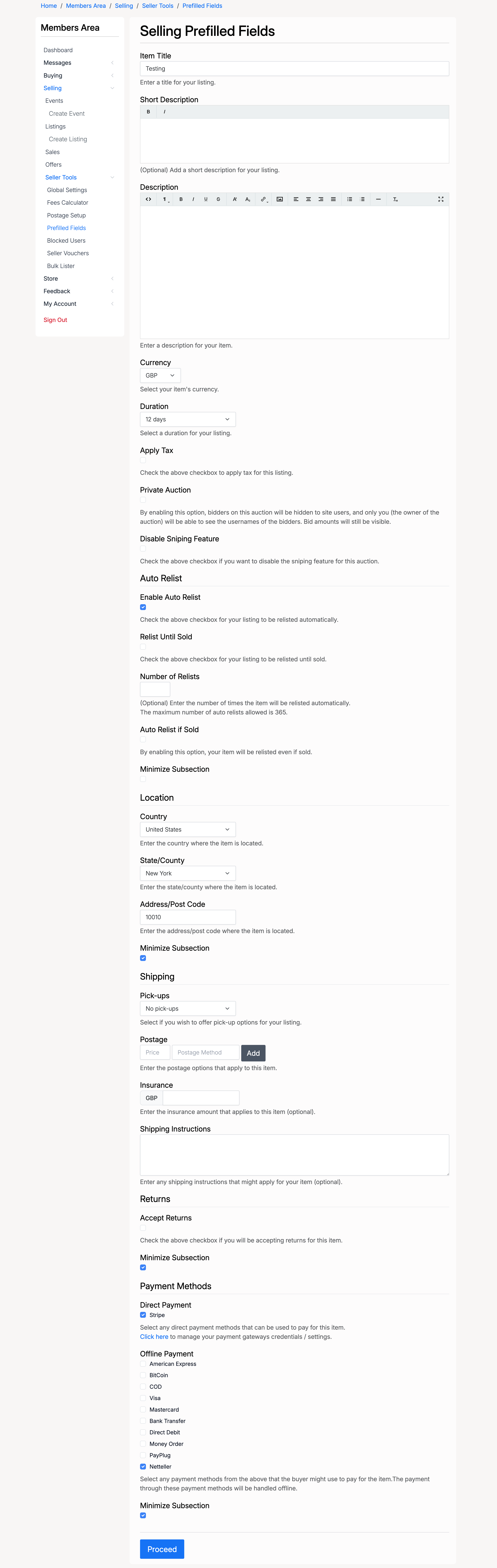 PHP Pro Bid — Prefilled Fields page showing all configurable default values for new listings