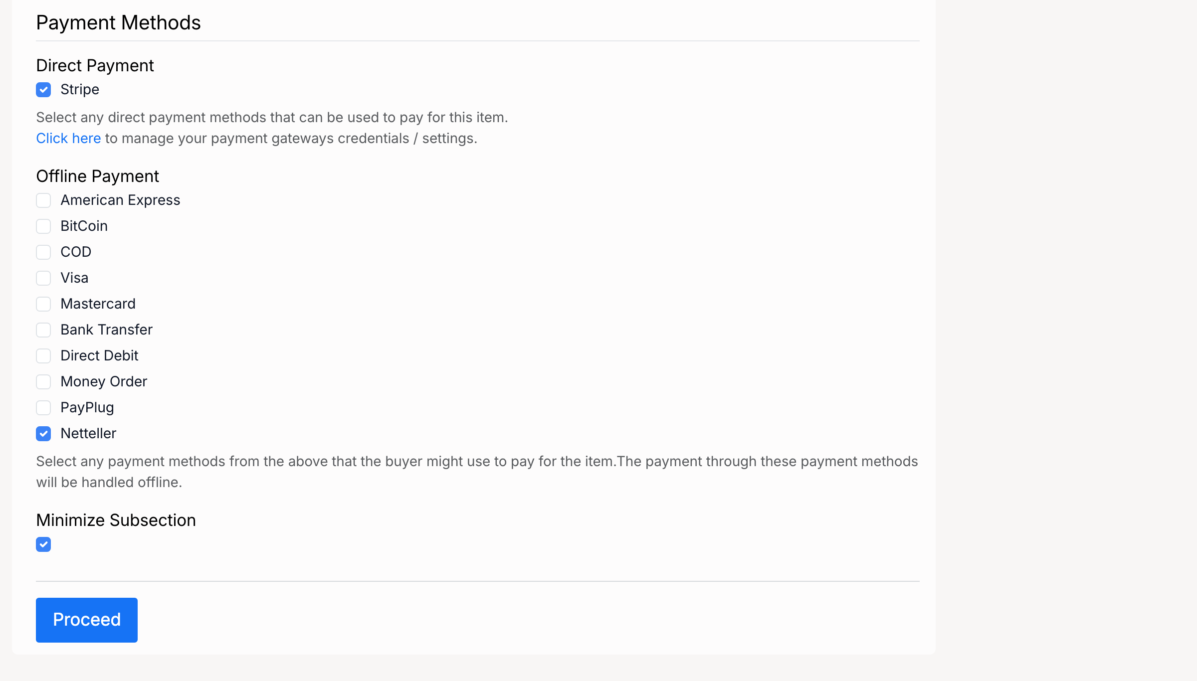 PHP Pro Bid — Payment Methods section with Direct Payment and Offline Payment checkboxes