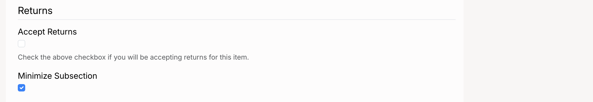 PHP Pro Bid — Returns section with Accept Returns checkbox and Return Policy Details textarea
