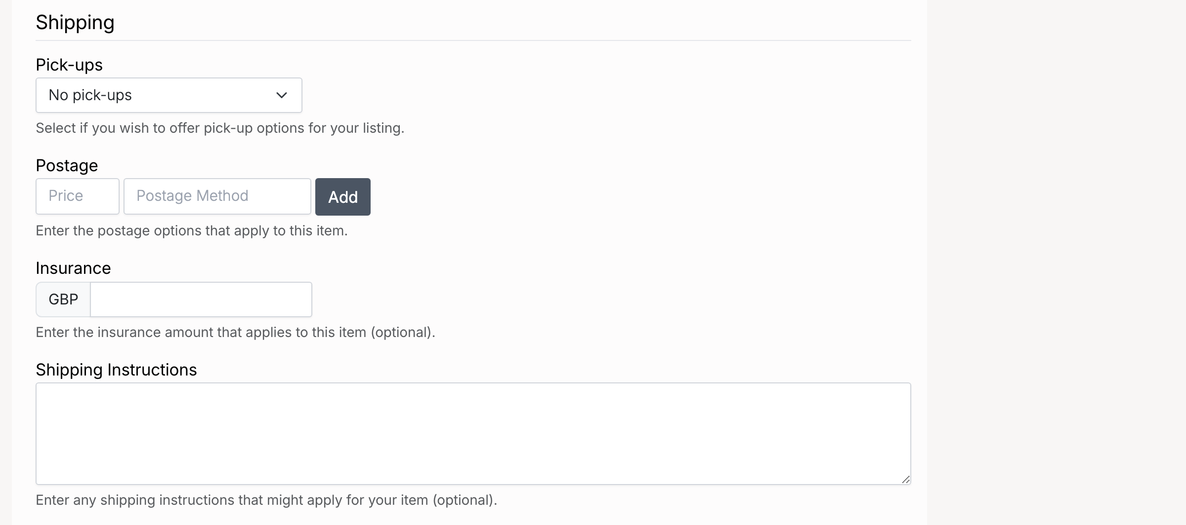PHP Pro Bid — Shipping section with Pick-ups, Postage rate, Insurance, and Shipping Instructions fields