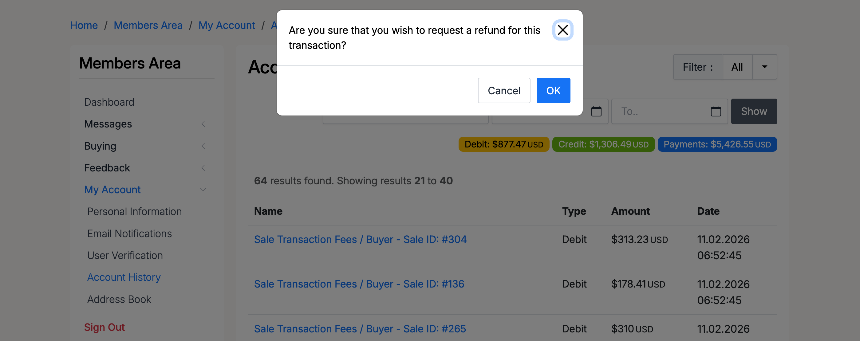 PHP Pro Bid — Confirmation dialog asking to confirm the refund request