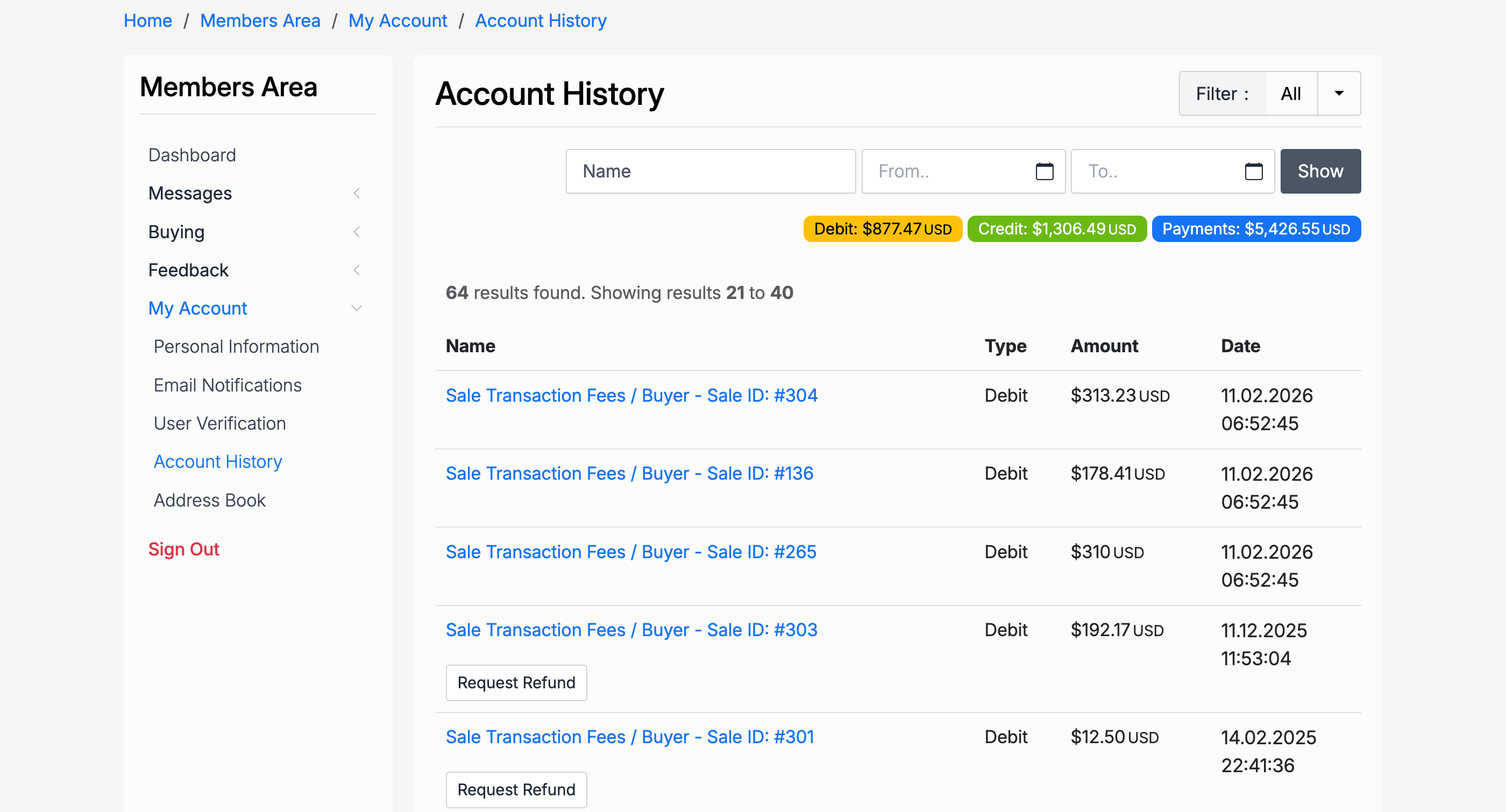 PHP Pro Bid — Account History showing a sale transaction fee with the Request Refund button