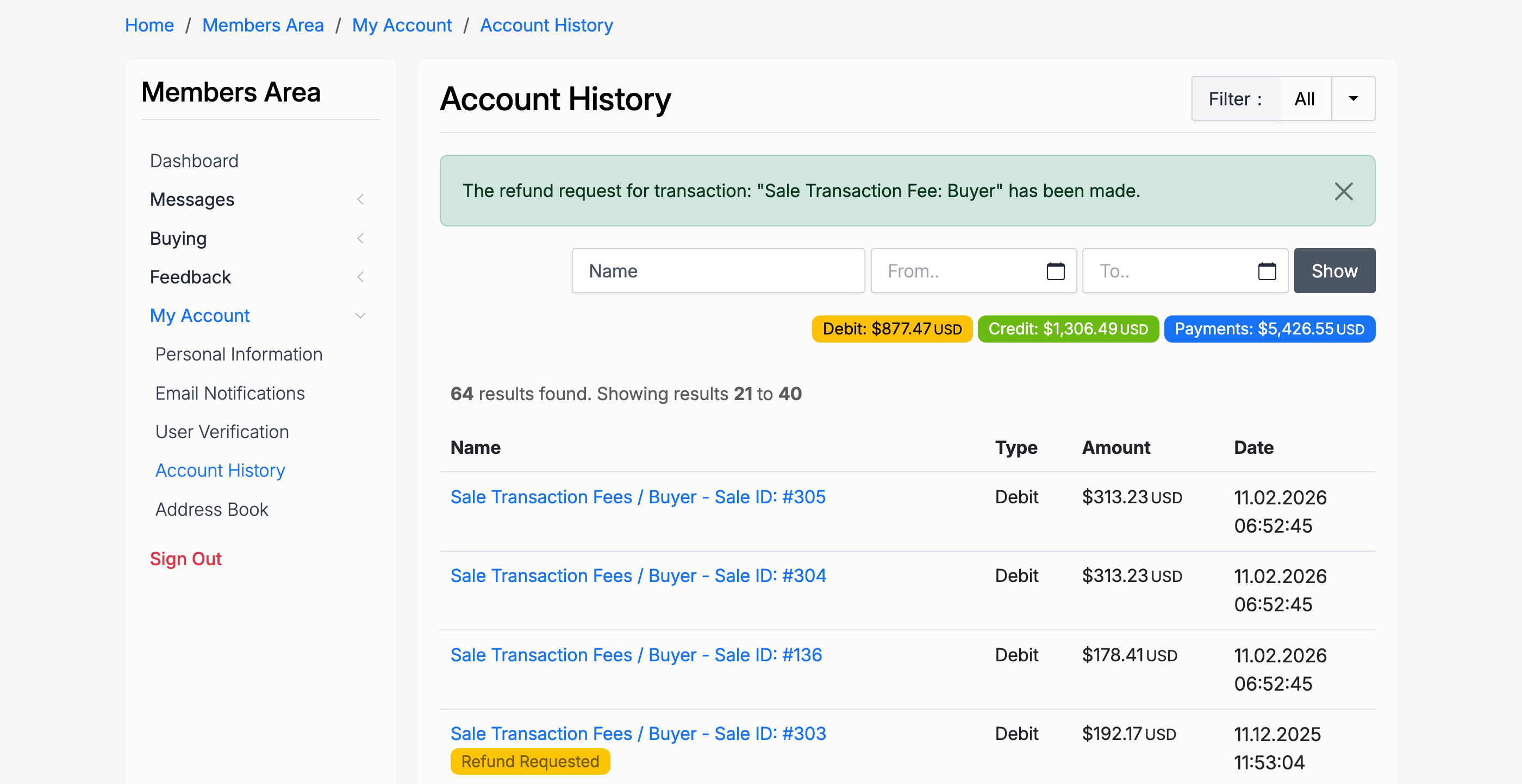 PHP Pro Bid — Account History showing a transaction with a pending refund request
