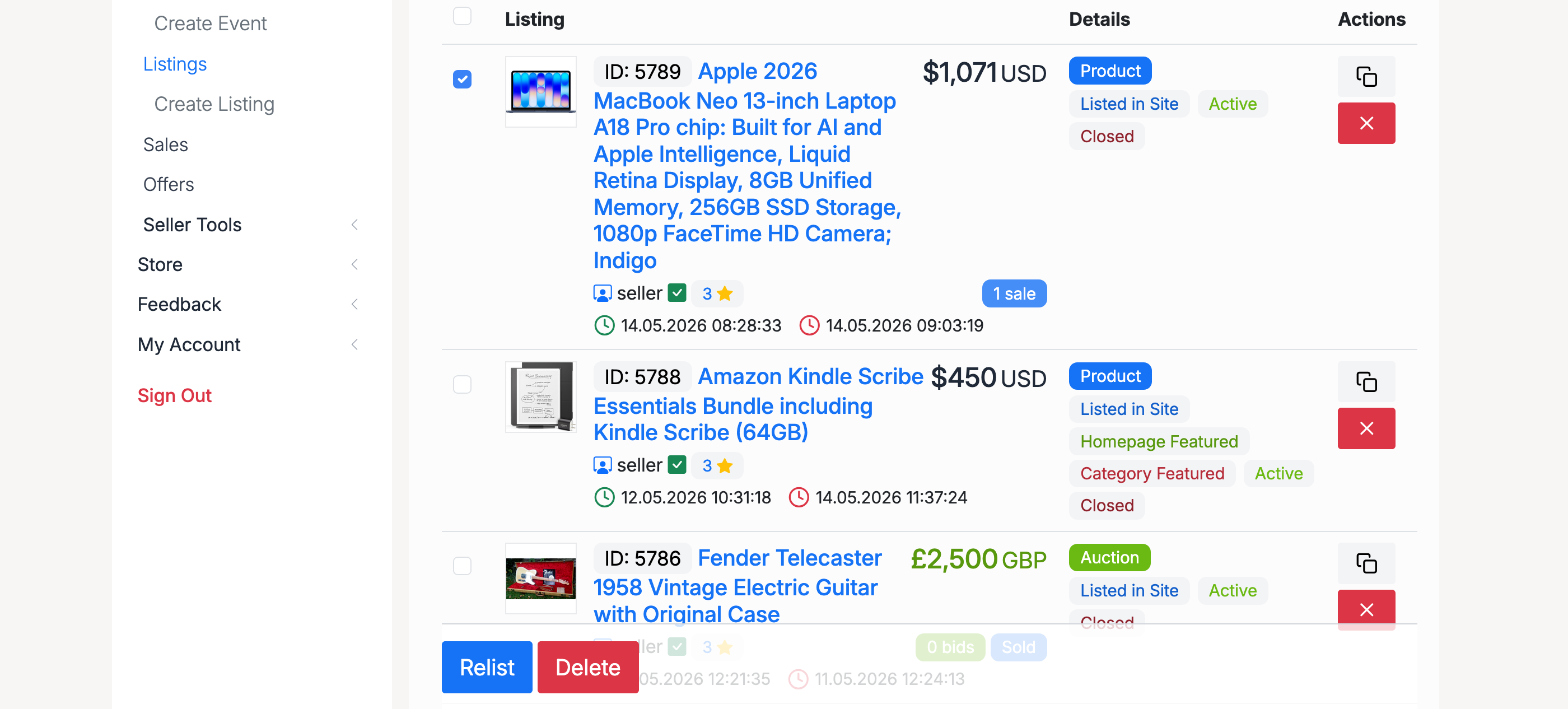 PHP Pro Bid — Seller listings page showing closed listings with Relist and Delete buttons