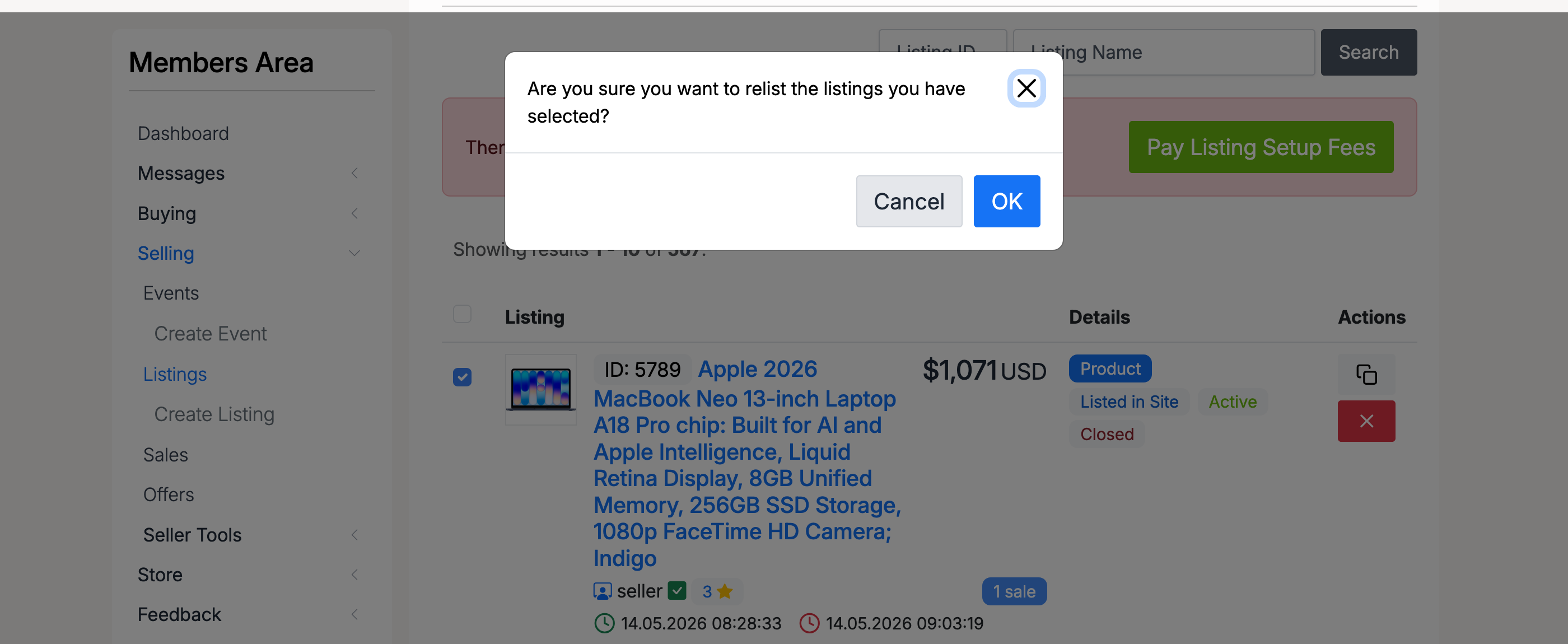 PHP Pro Bid — Relist confirmation dialog asking Are you sure you want to relist the listings you have selected