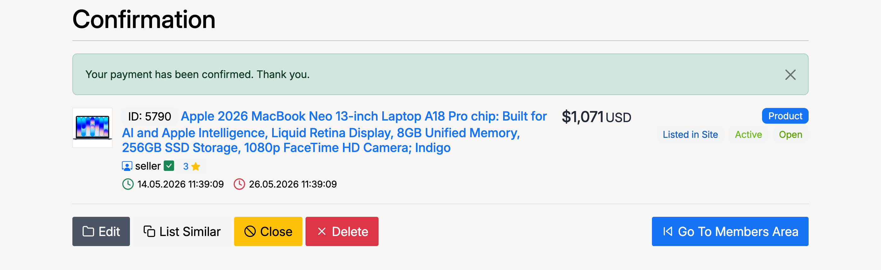 PHP Pro Bid — Confirmation page showing relisted listing with Active and Open status and new dates