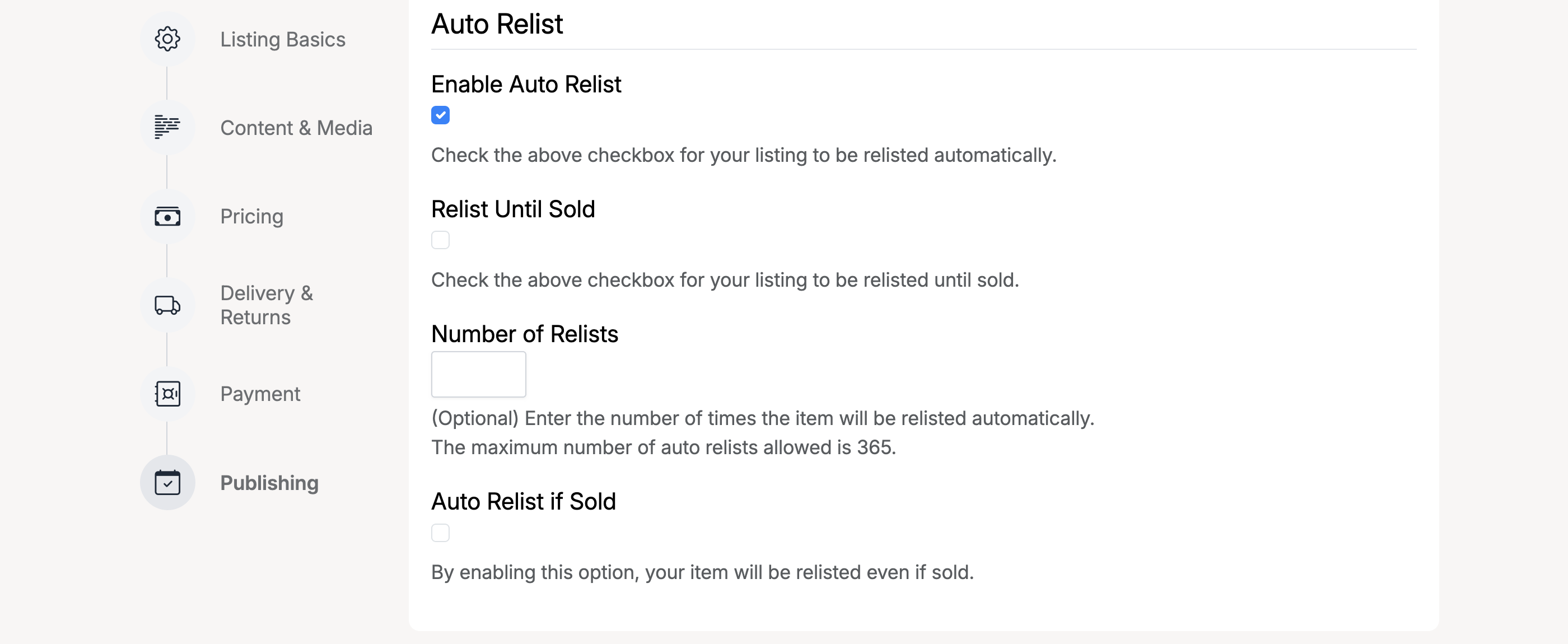 PHP Pro Bid — Publishing tab showing Auto Relist checkbox, Relist Until Sold option, Number of Relists field, and Auto Relist if Sold option