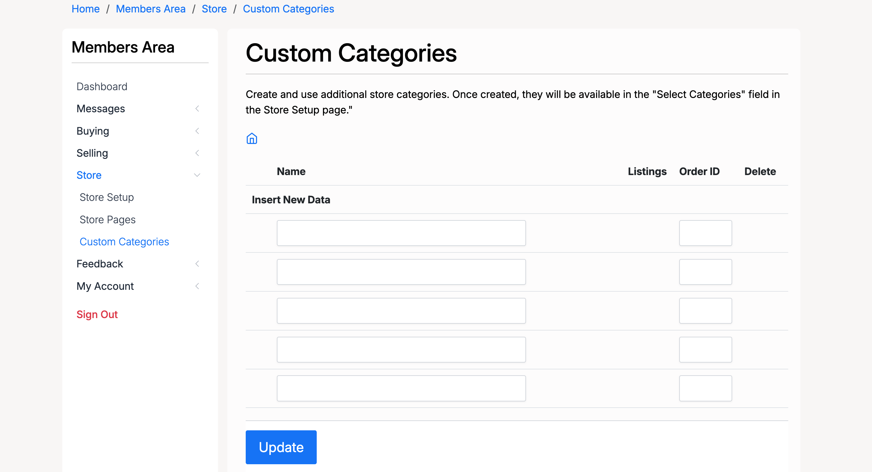 PHP Pro Bid — Custom Categories page with fields for Name, Listings count, Order ID, and Delete options