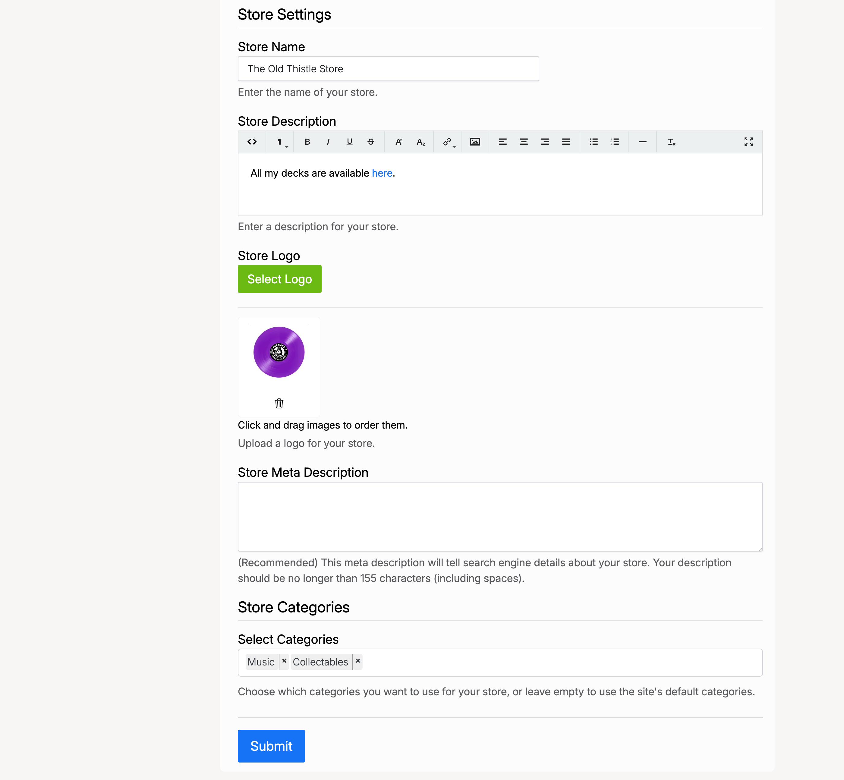 PHP Pro Bid — Store Setup form with Store Name, Description, Logo, Meta Description, and Store Categories fields