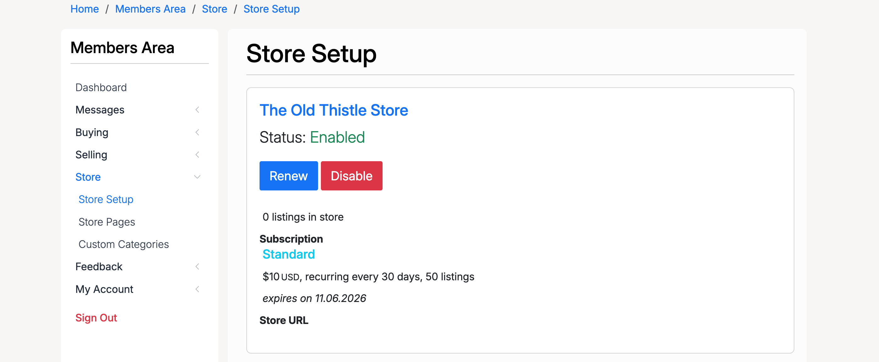 PHP Pro Bid — Store Setup page showing store status as Enabled with Renew and Disable buttons, subscription details, and Store URL