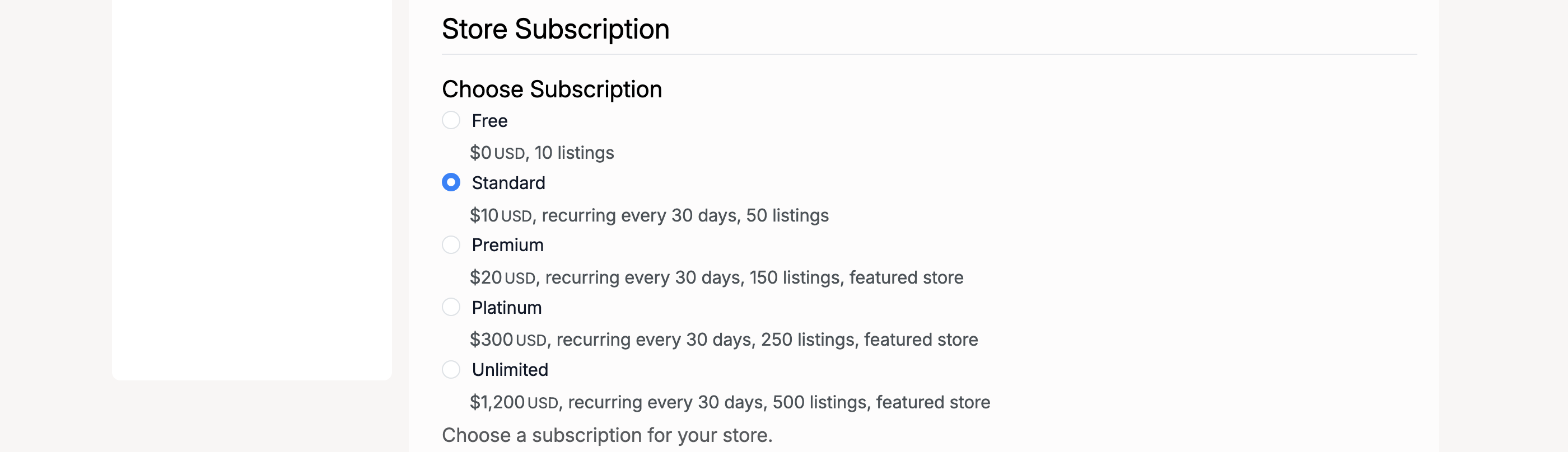 PHP Pro Bid — Store Subscription selection showing Free, Standard, Premium, Platinum, and Unlimited plans with pricing and listing limits