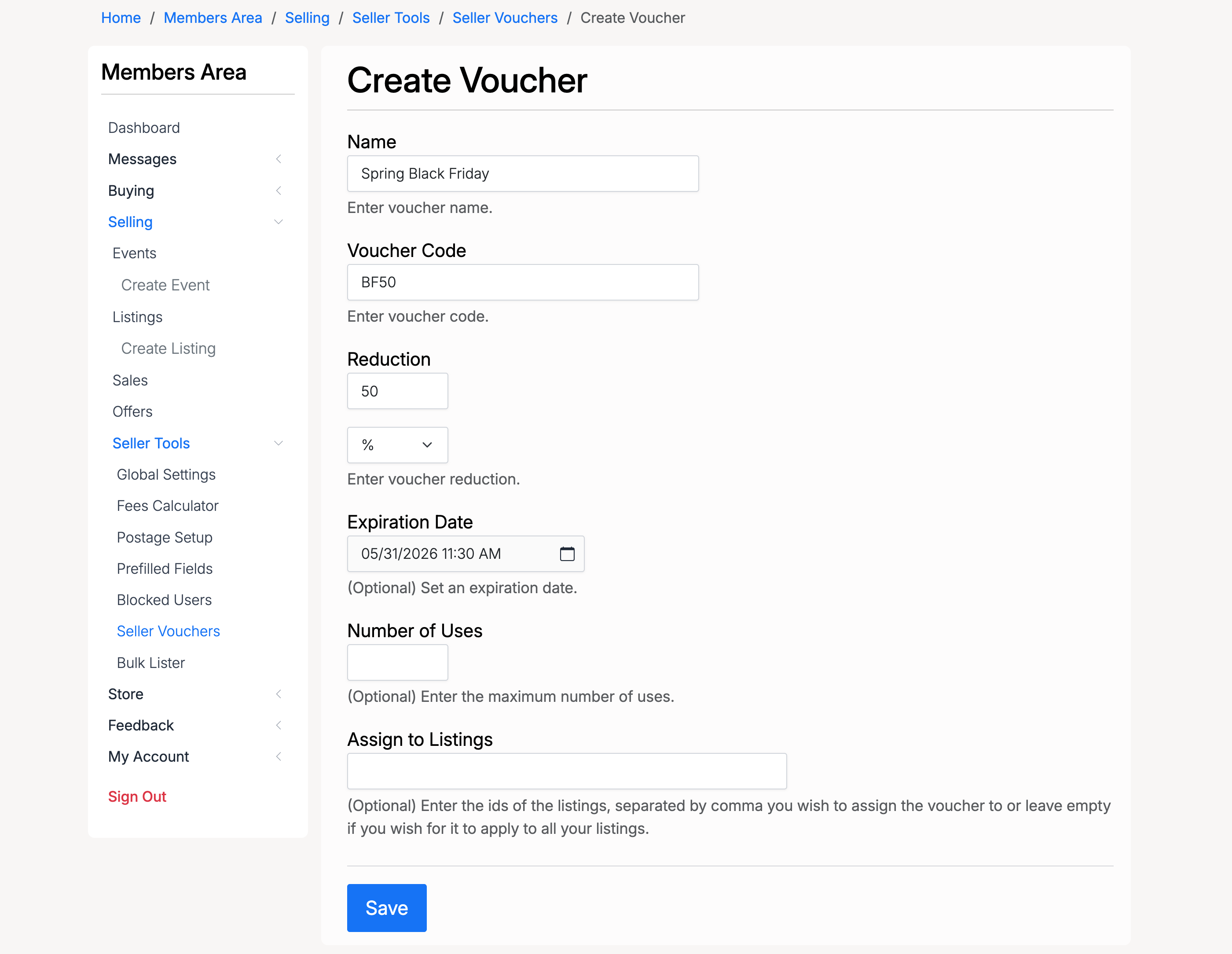 PHP Pro Bid — Create Voucher form with Name, Voucher Code, Reduction, Expiration Date, Number of Uses, and Assign to Listings fields