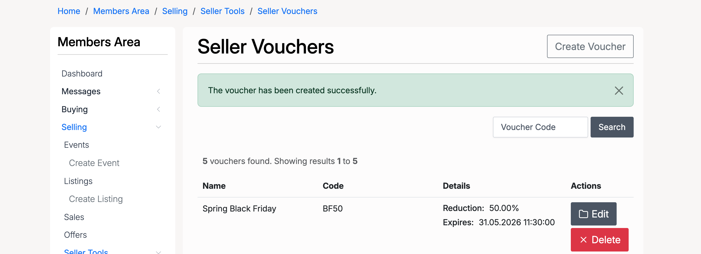 PHP Pro Bid — Voucher created successfully, showing the new voucher in the list with its details