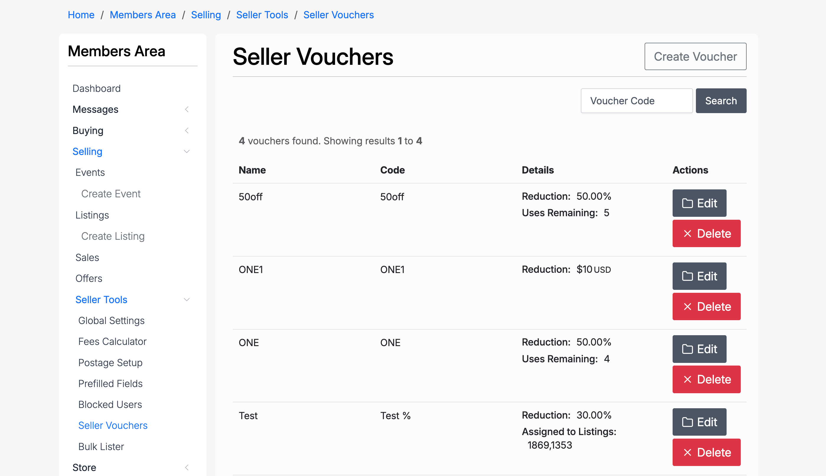 PHP Pro Bid — Seller Vouchers list showing multiple vouchers with Name, Code, Details, and Actions columns