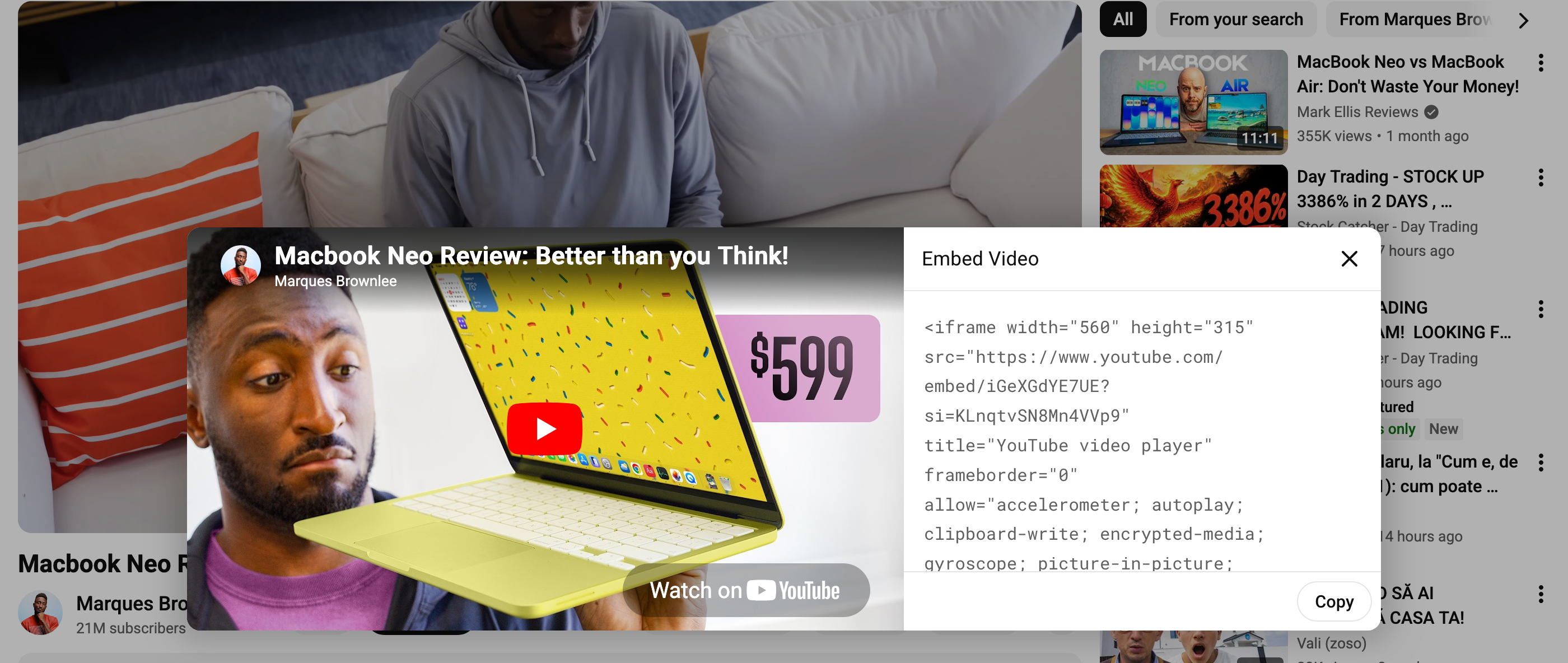 YouTube — share dialog showing the embed code tab with iframe snippet