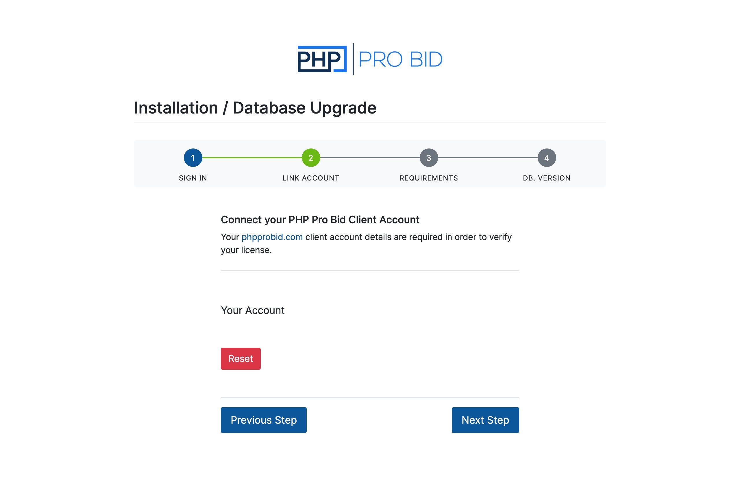 PHP Pro Bid v10 upgrade wizard, Step 2 Link Account — Connect your PHP Pro Bid Client Account panel confirming the linked account, with Previous Step and Next Step buttons