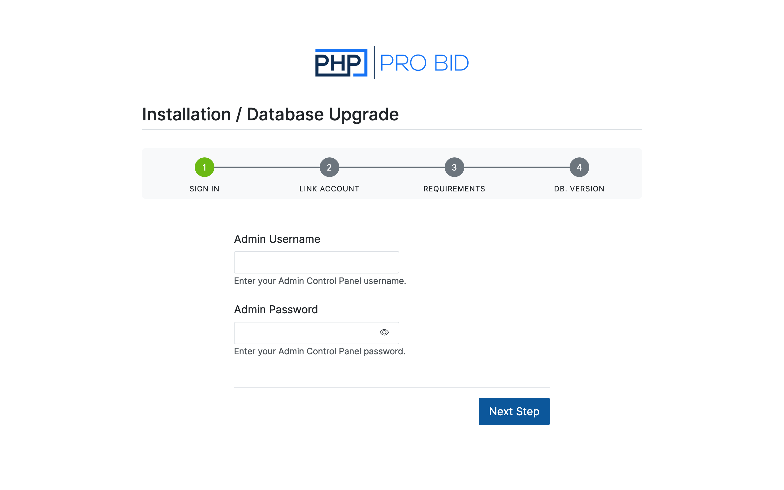 PHP Pro Bid v10 upgrade wizard, Step 1 Sign In — Admin Username and Admin Password fields with the four-step progress bar: Sign In, Link Account, Requirements, DB Version