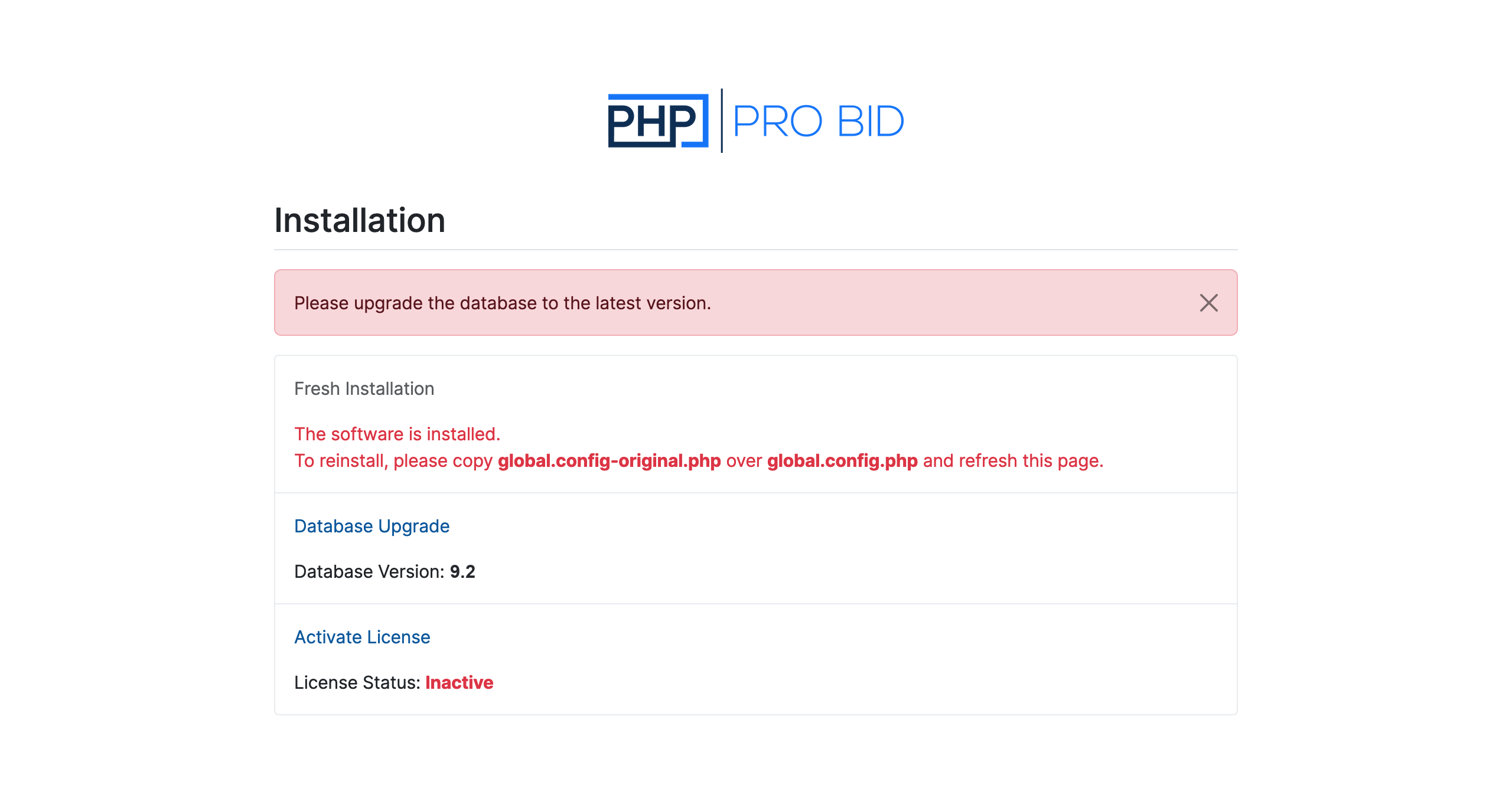 PHP Pro Bid v10 upgrade — status page showing 'Please upgrade the database to the latest version', the current Database Version, and the license status