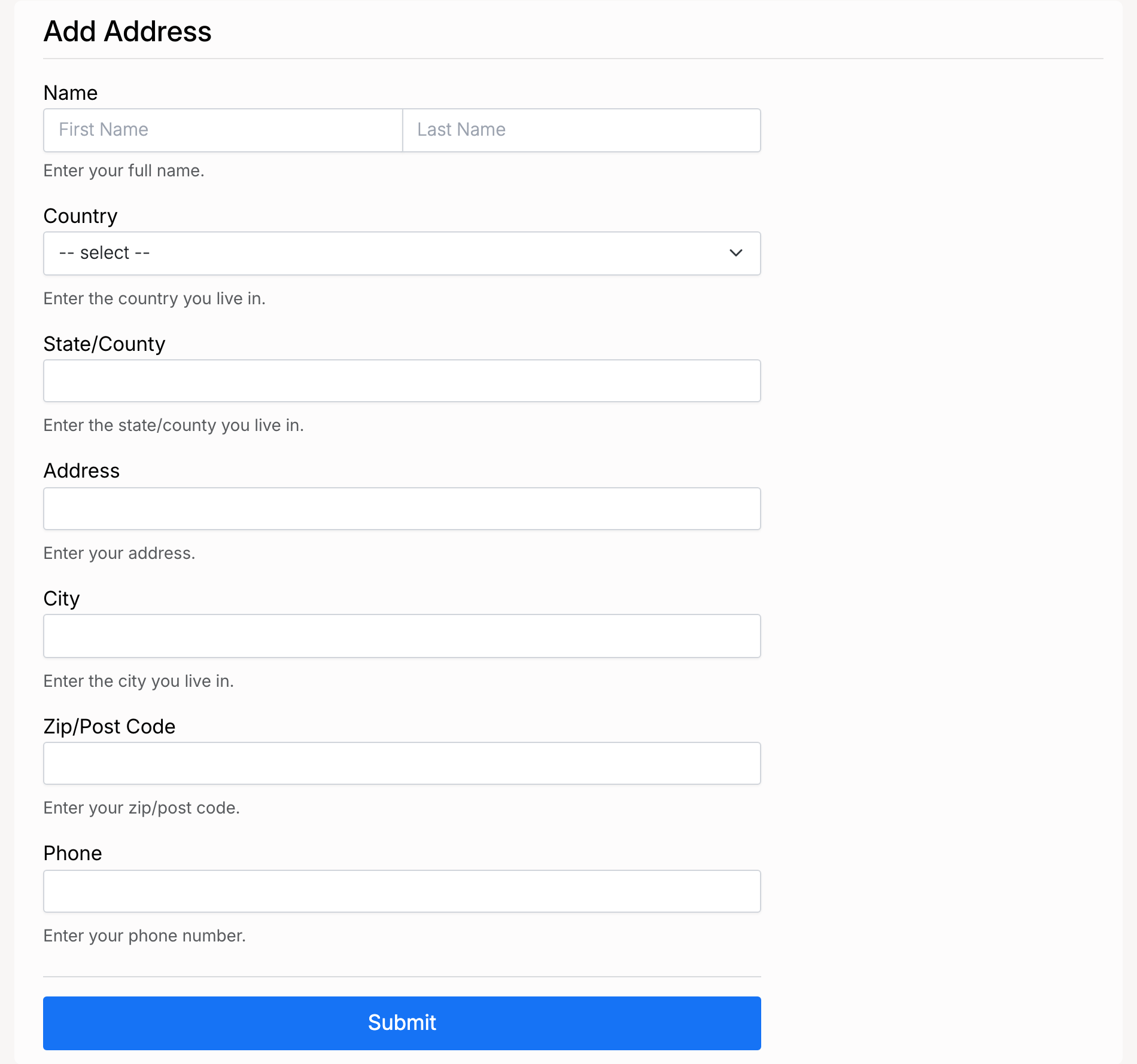 PHP Pro Bid — Add Address form showing Name, Country, State/County, Address, City, Zip/Post Code, and Phone fields