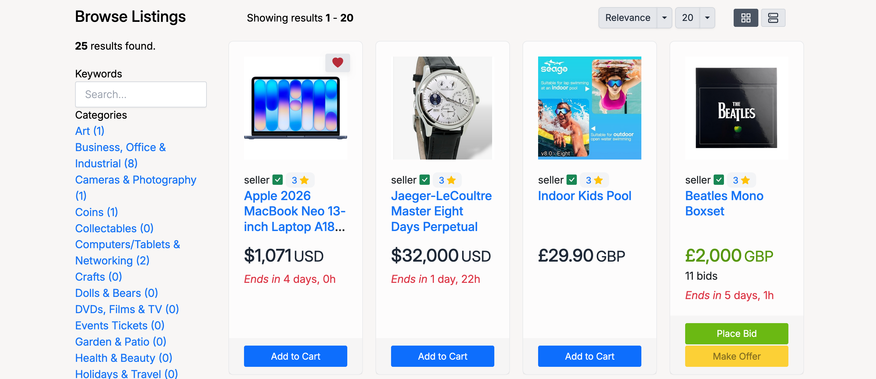 PHP Pro Bid — Browse category page showing breadcrumb, result count, grid/list toggle, and listing cards
