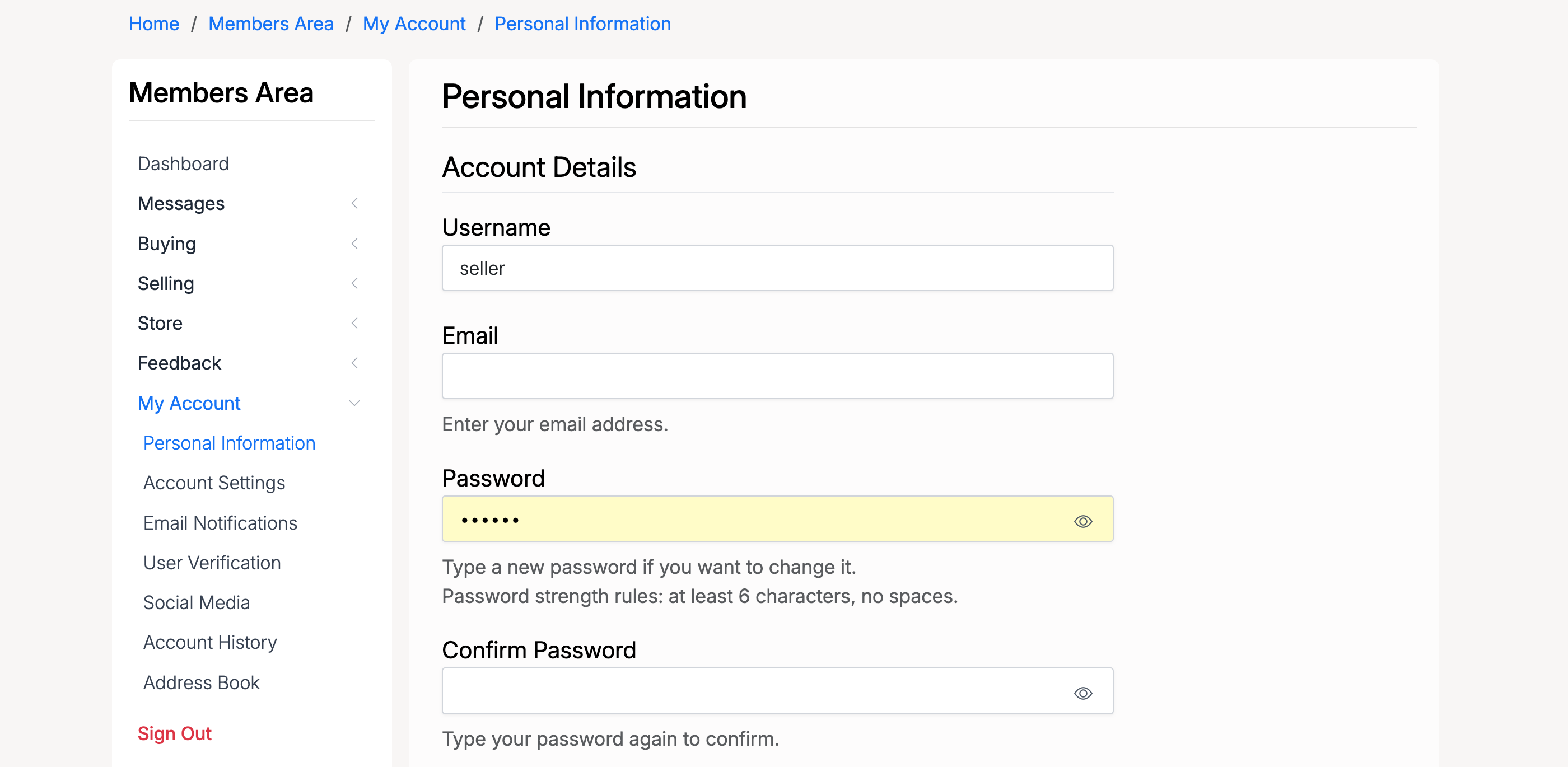 PHP Pro Bid — Password and Confirm Password fields on the Personal Information page, with hint text showing strength rules