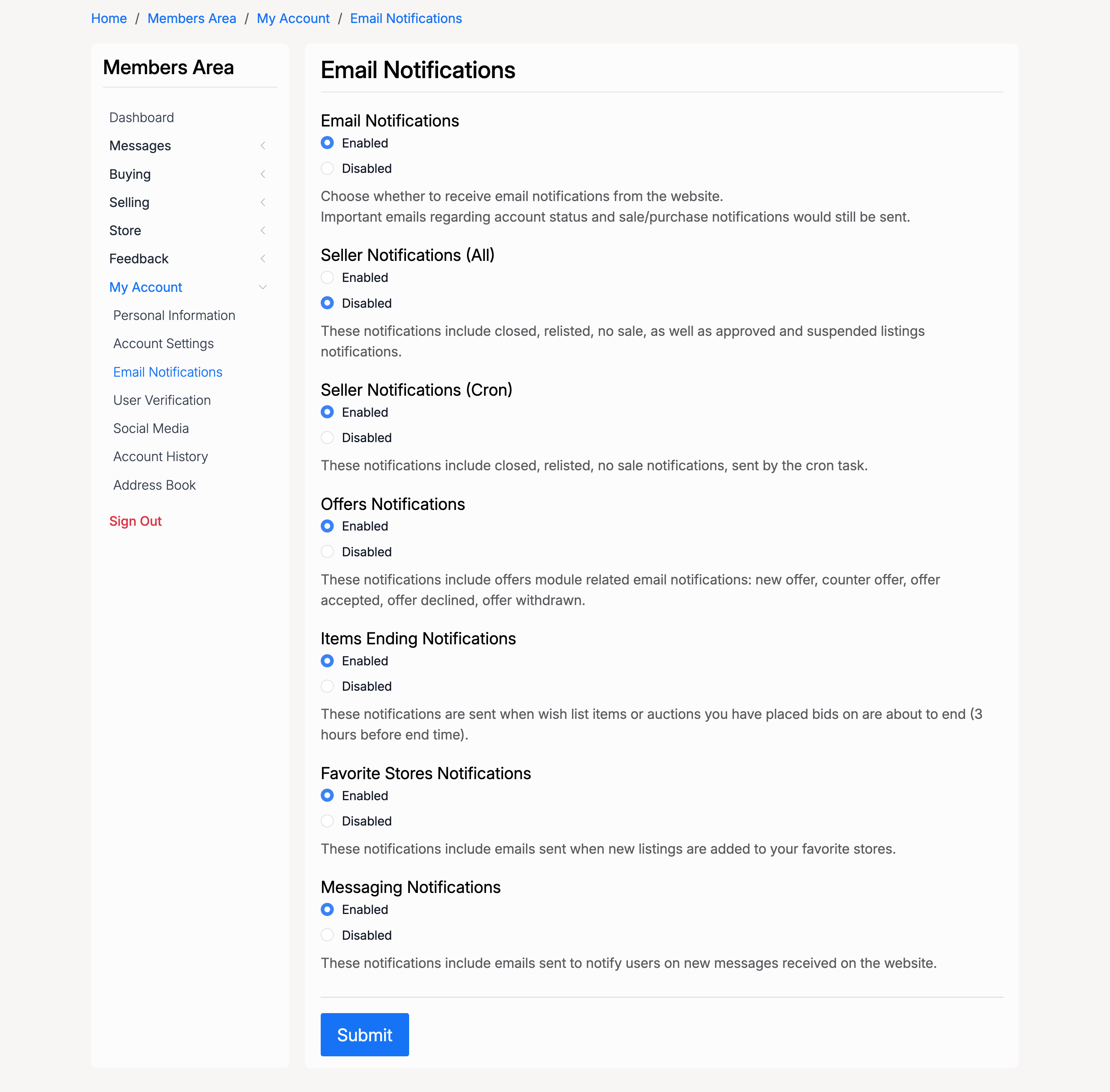 PHP Pro Bid — Email Notifications preferences page showing toggles for Email Notifications, Seller Notifications, Offers, Items Ending, Favorite Stores, and Messaging