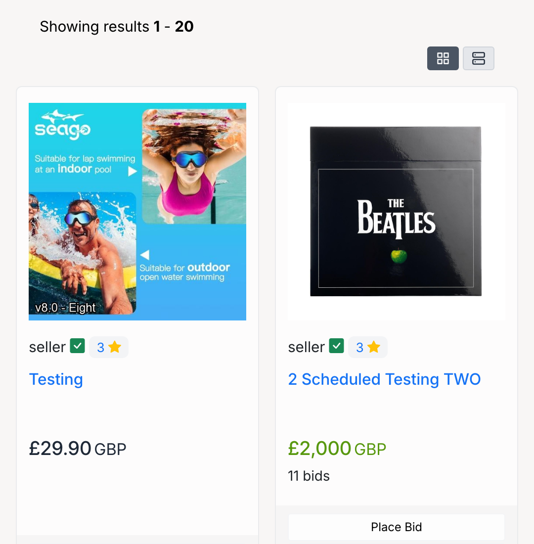 PHP Pro Bid — Search results page showing matching listings in grid view