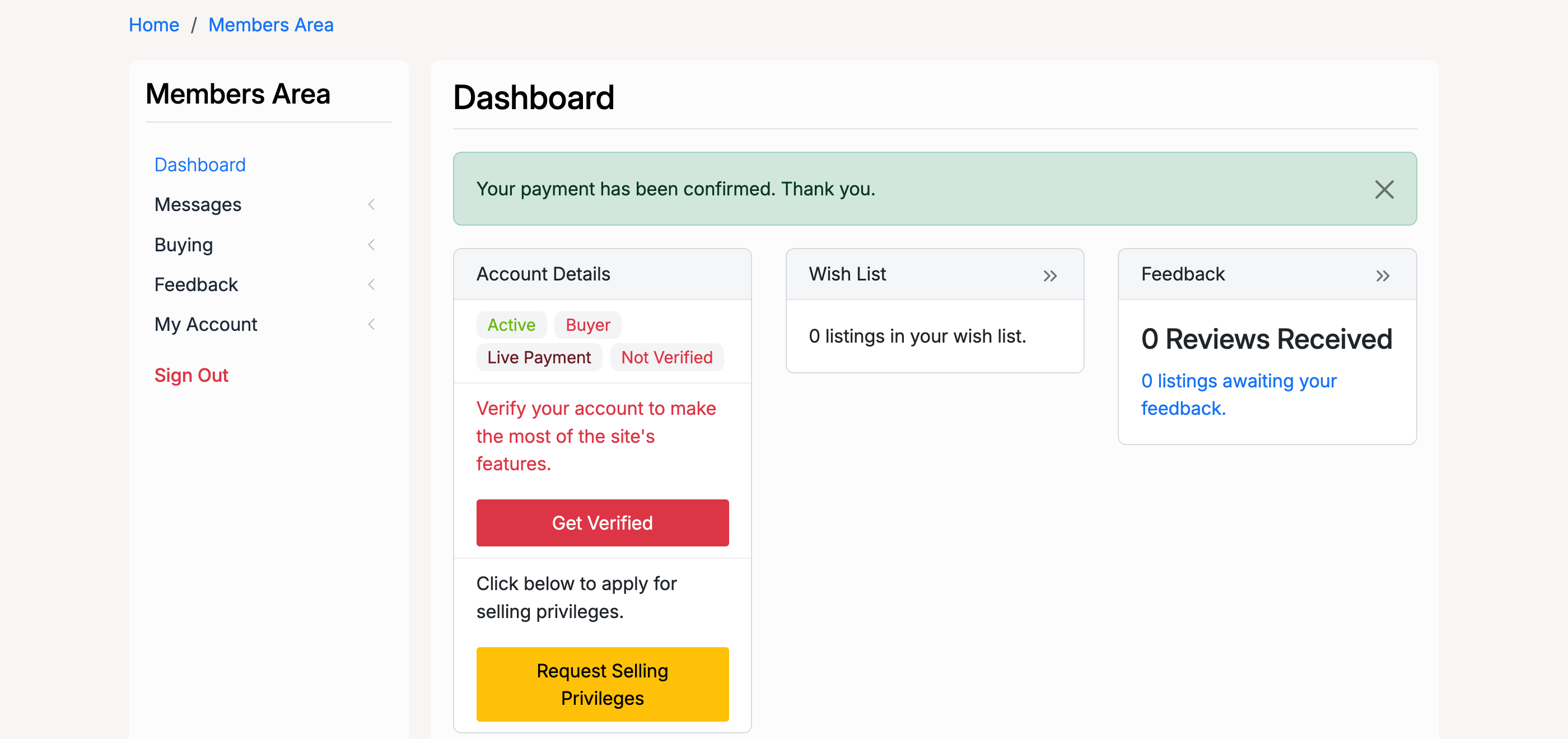 PHP Pro Bid — Members Area dashboard after signup fee has been paid