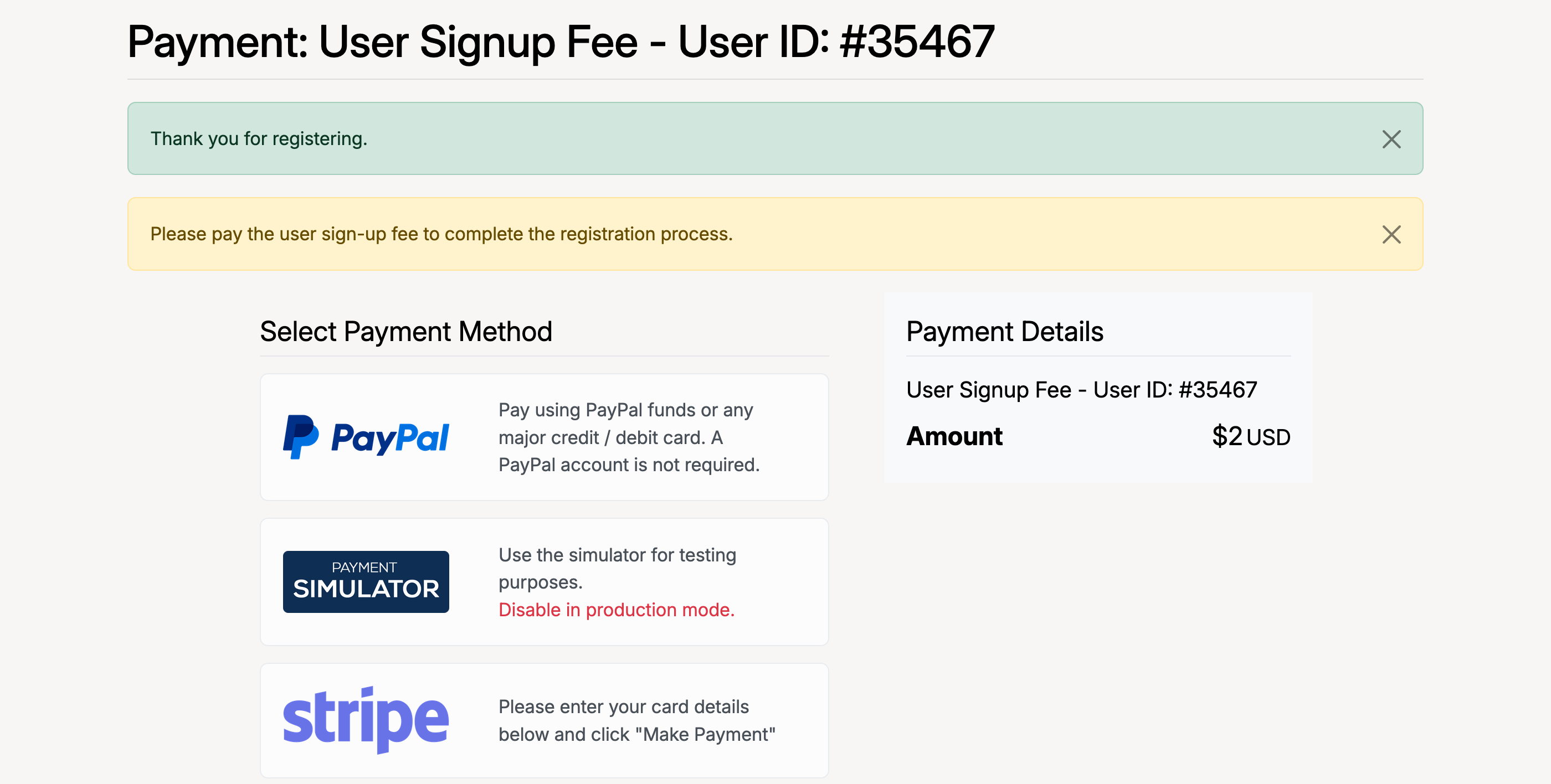 PHP Pro Bid — Signup fee payment page showing the fee amount and payment options