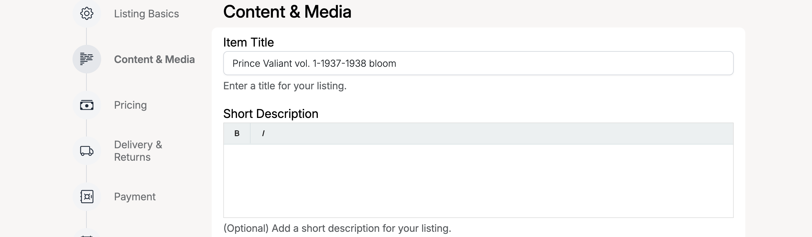 Listing edit form showing the title with filtered characters replaced by the word filter