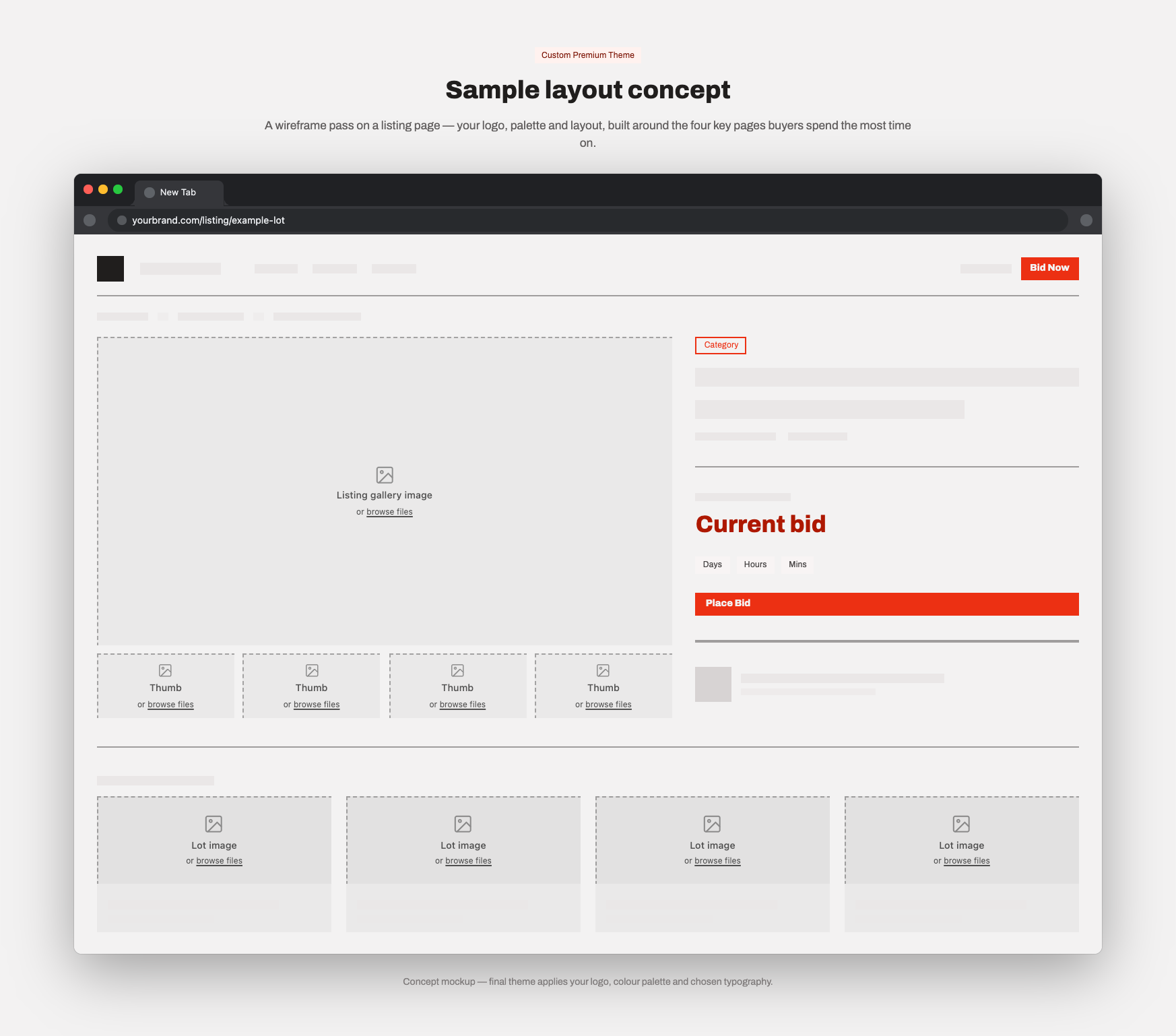 Example PHP Pro Bid auction listing page — the kind of screen a Custom Premium Theme restyles around your brand