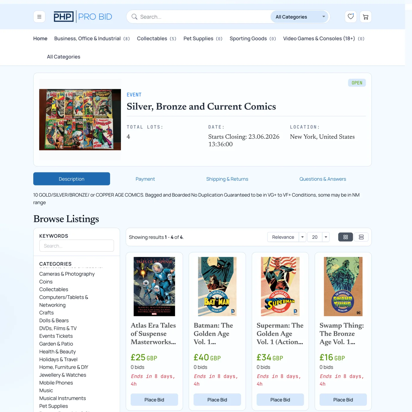 A live comics auction event on PHP Pro Bid — catalog of comic-book lots with current bids and staggered closing times