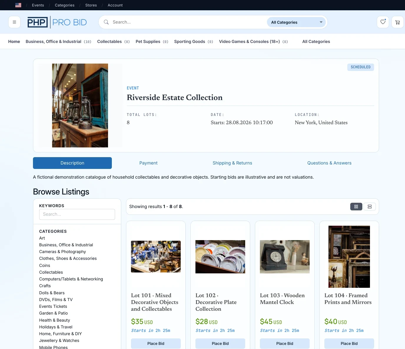 PHP Pro Bid event page with its site header, event schedule, category filters and first four lots
