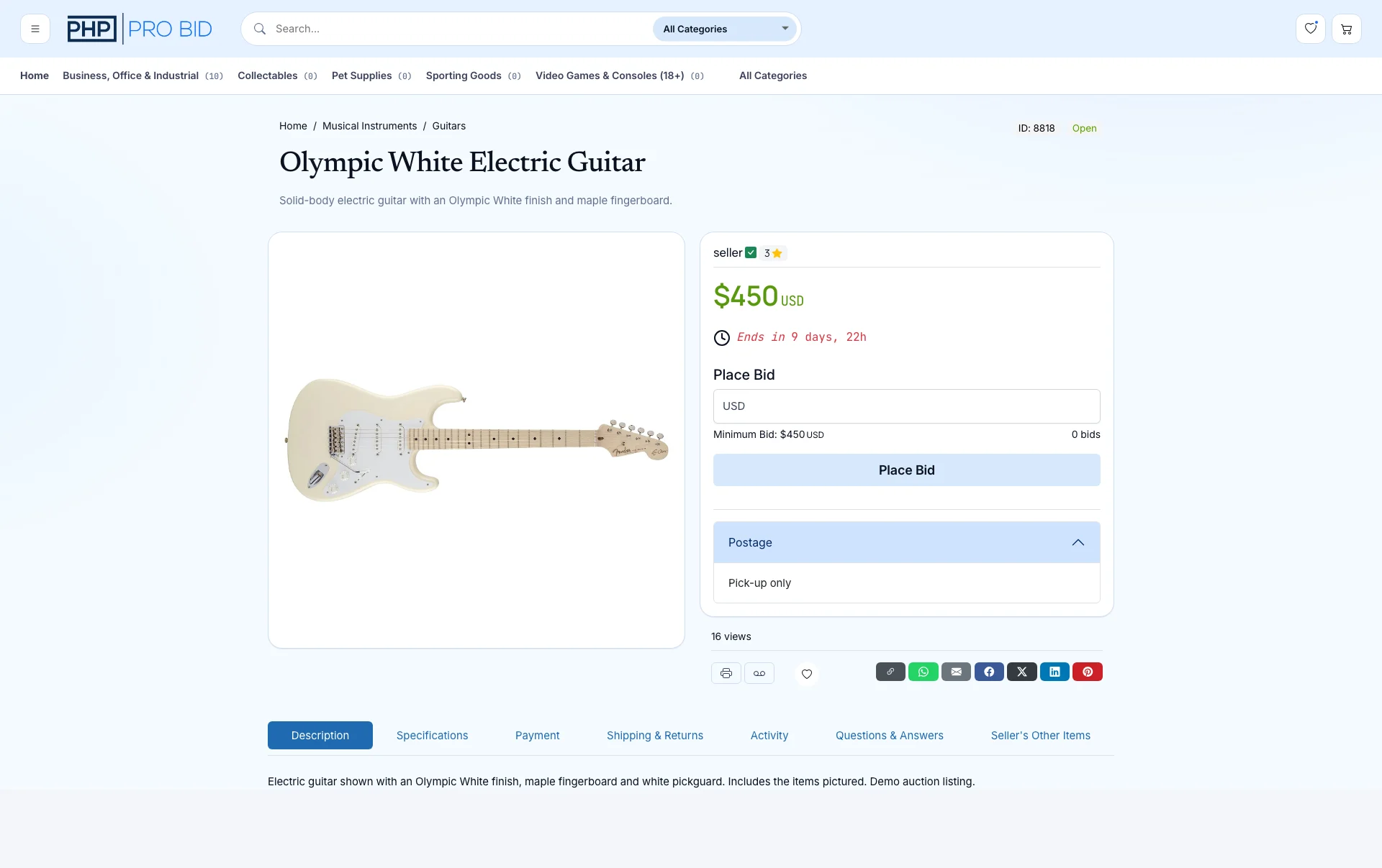 PHP Pro Bid v10 public auction listing for an electric guitar with current price, countdown and place bid controls