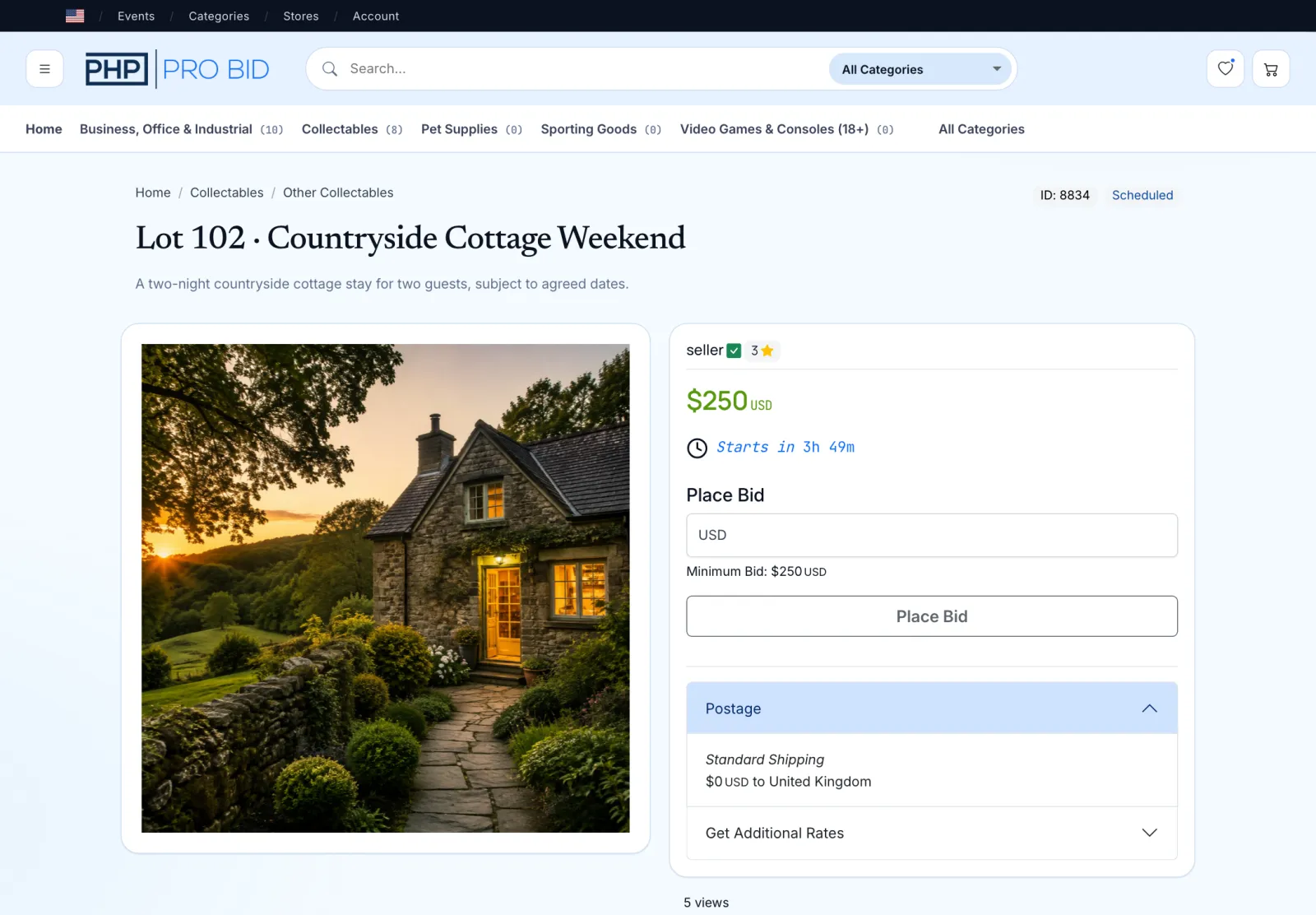 PHP Pro Bid lot page showing a countryside cottage weekend and browser bidding controls
