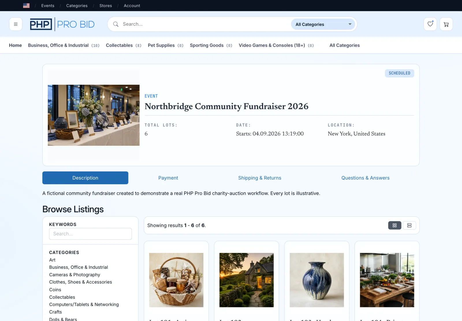 Published PHP Pro Bid charity event catalogue with six varied donated lots