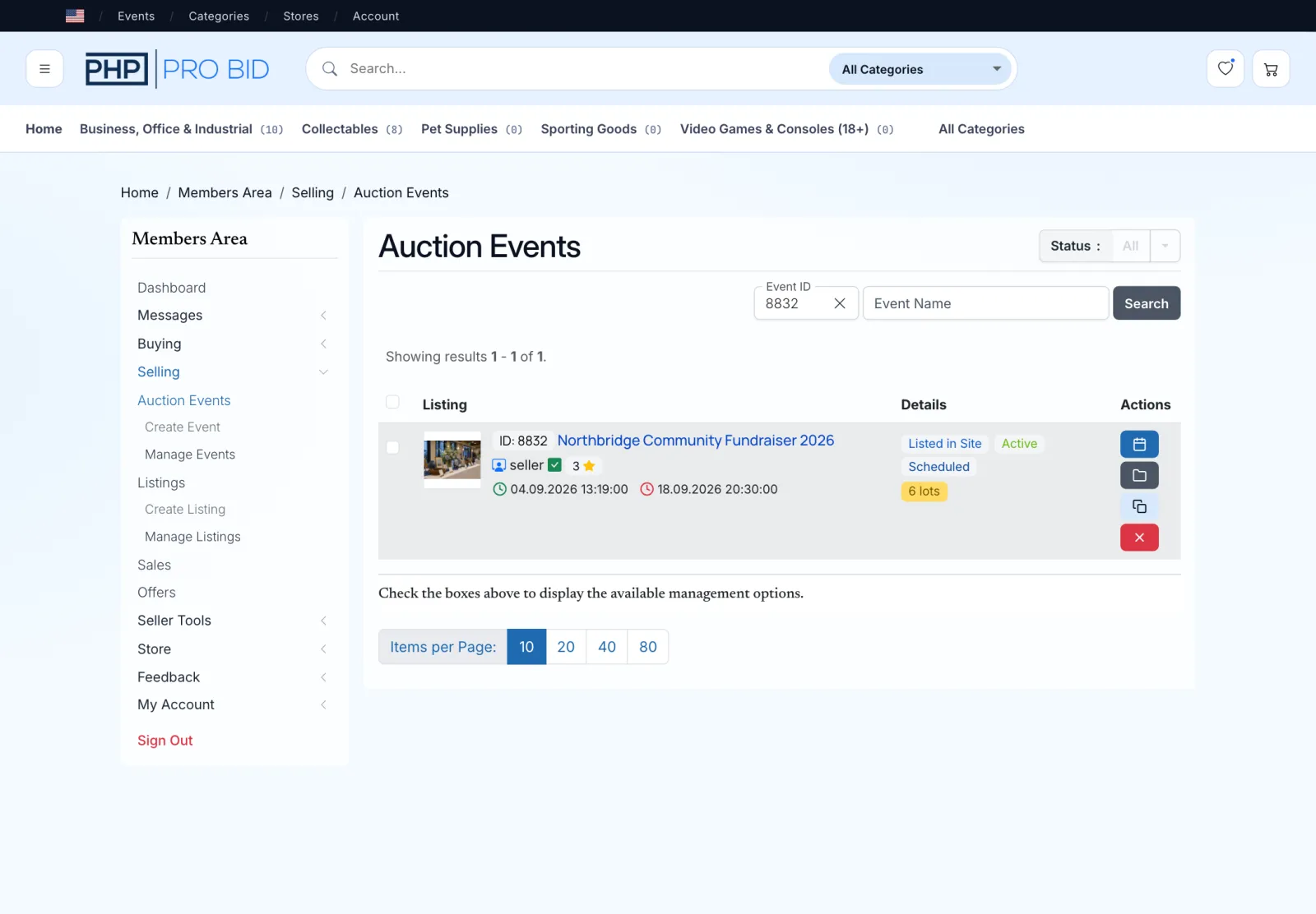 PHP Pro Bid seller area showing the scheduled Northbridge Community Fundraiser and its six lots