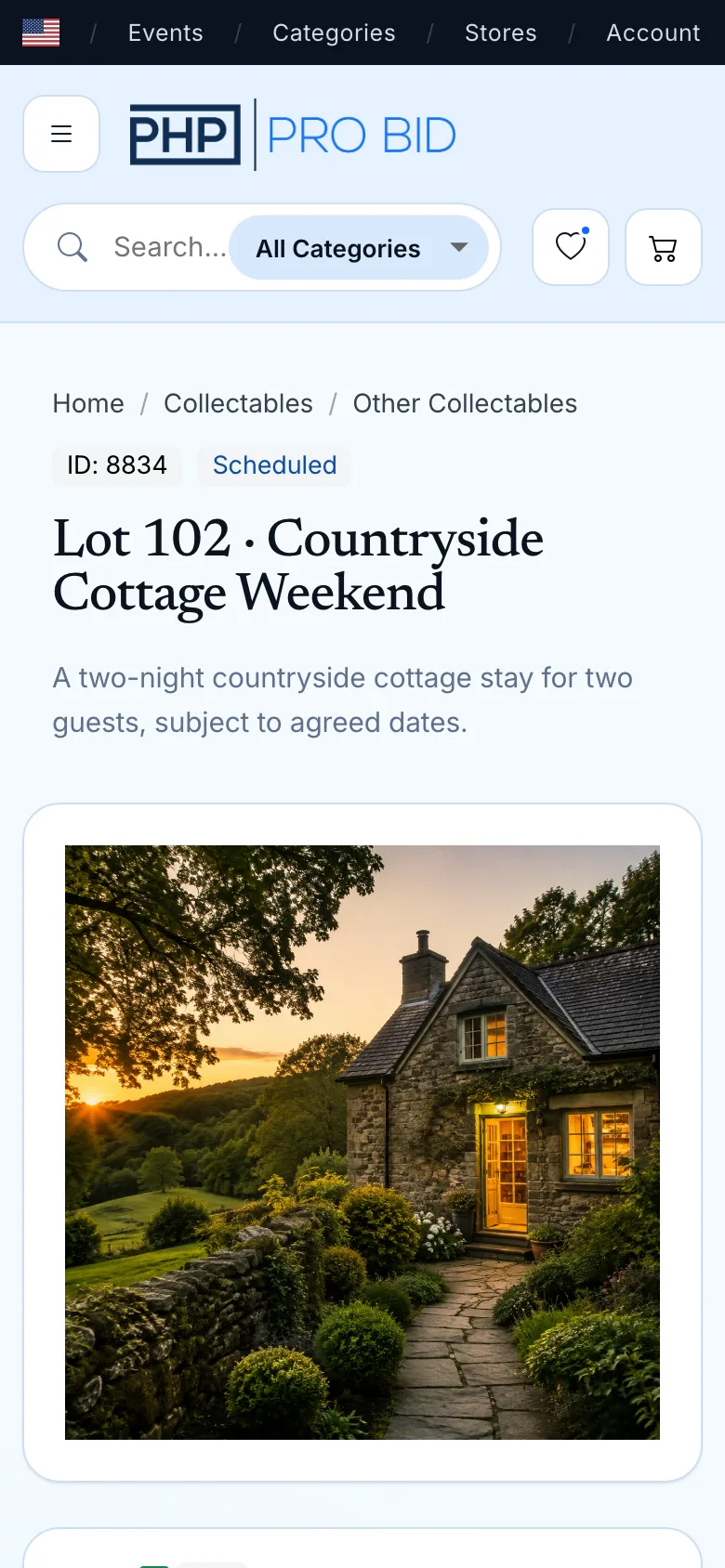 PHP Pro Bid mobile auction page for a donated countryside cottage weekend