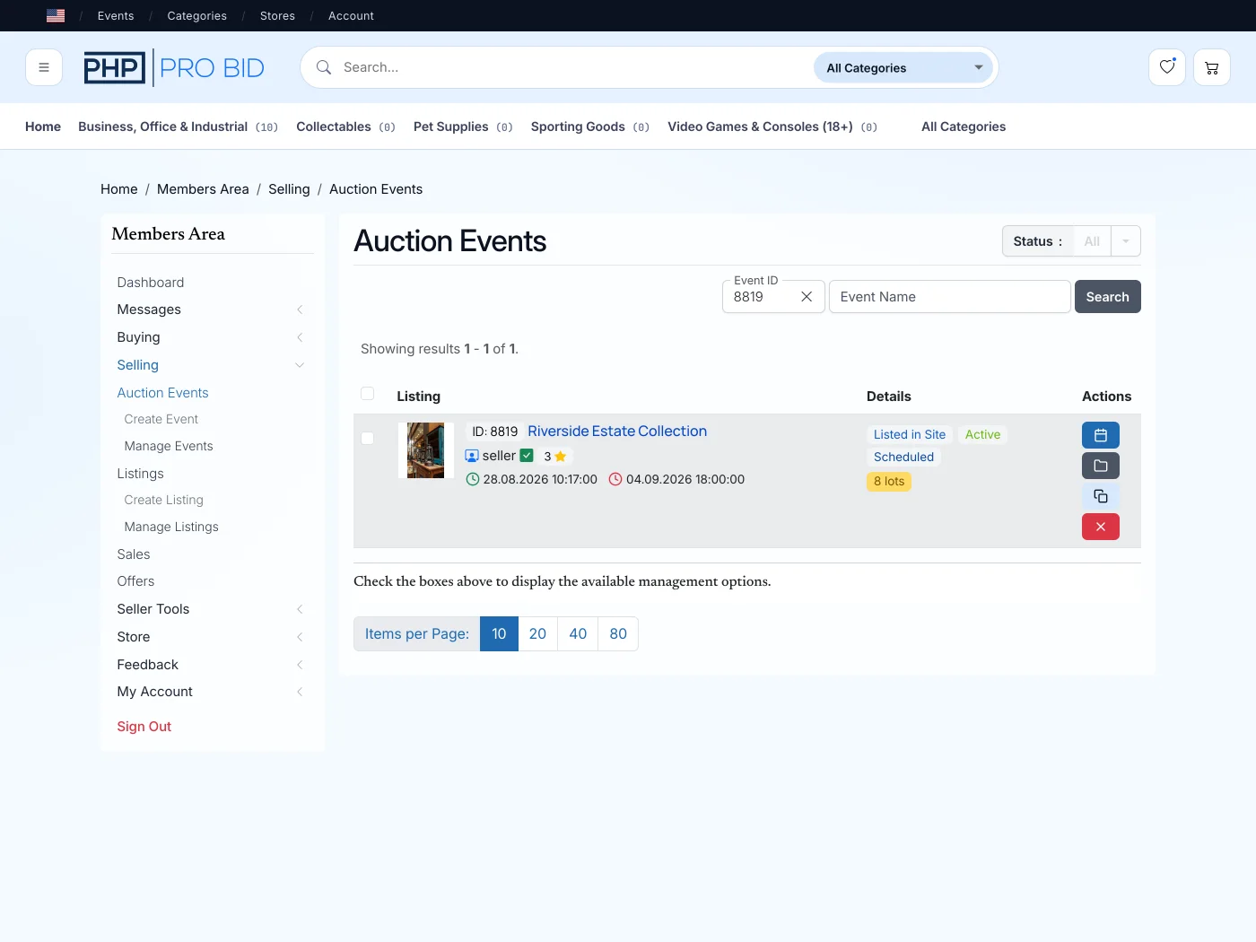 PHP Pro Bid v10 seller area showing an estate auction event with eight organised lots