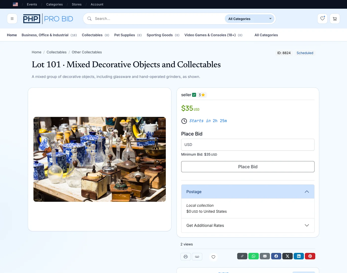 PHP Pro Bid v10 estate-sale lot page with photograph, starting bid and online bidding control