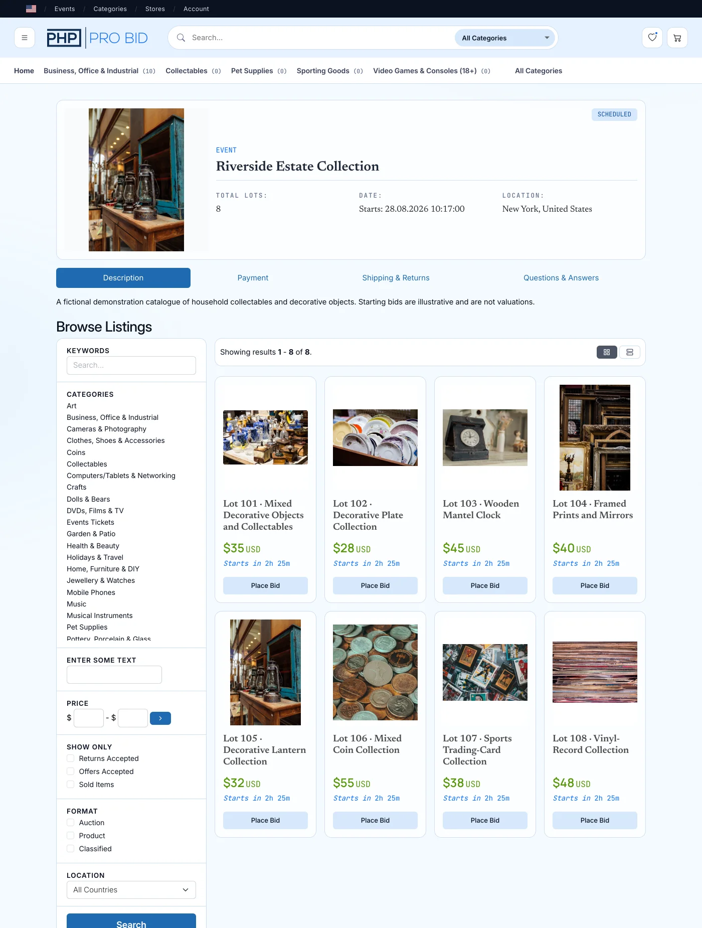 Published estate sale auction catalogue in PHP Pro Bid v10 with numbered lots, photographs and starting bids