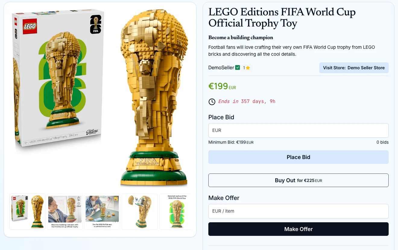 LEGO World Cup trophy auction showing the price and bid form