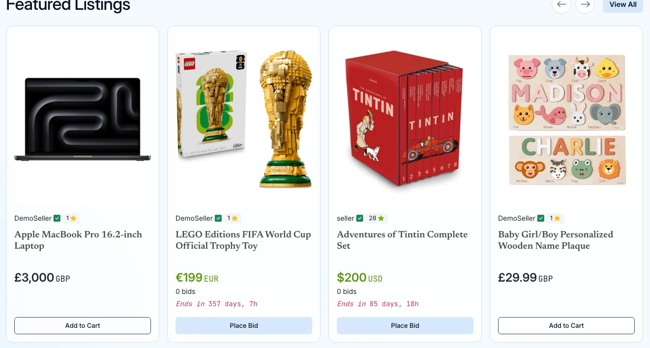 Marketplace product cards with Add to Cart and bidding controls