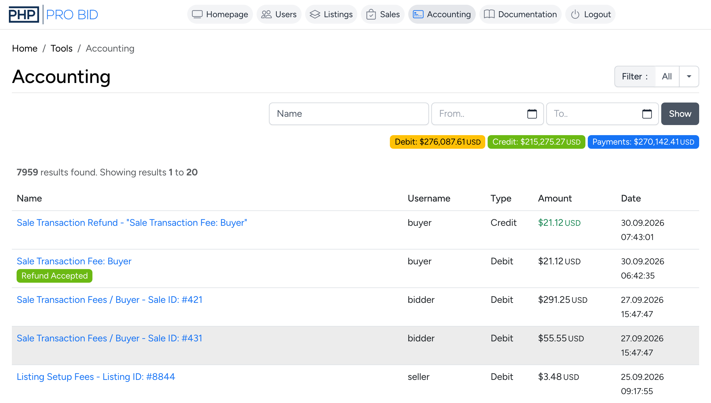 PHP Pro Bid accounting ledger with debits, credits and payments