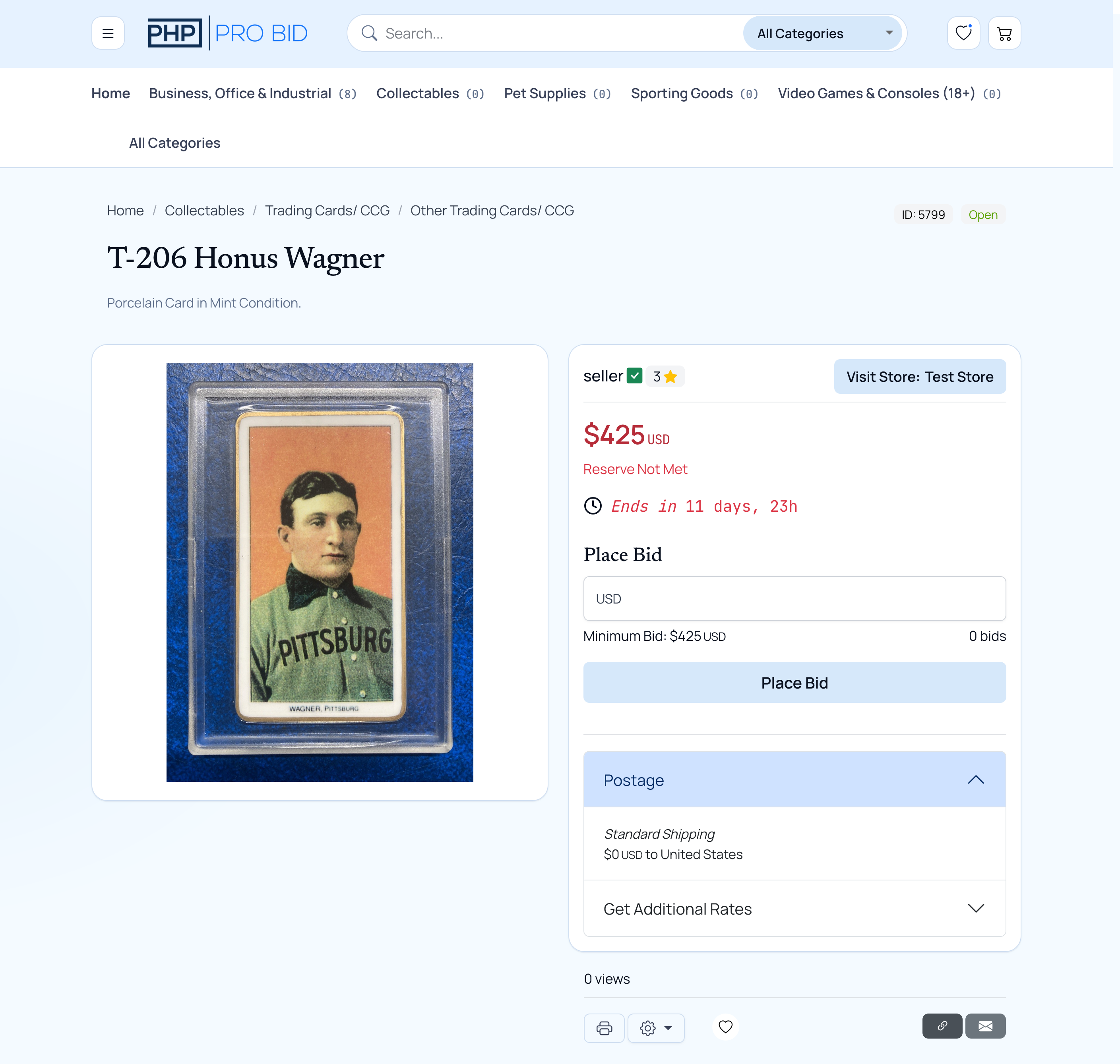 PHP Pro Bid auction listing page showing T-206 Honus Wagner card with bid form, countdown timer, and shipping options