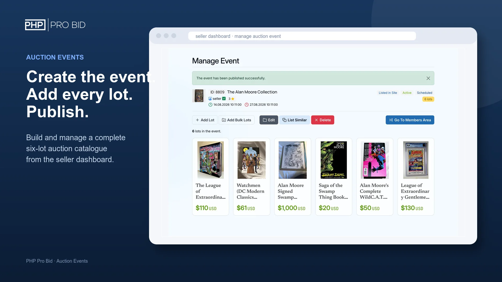 PHP Pro Bid seller dashboard showing a published auction event with all six catalog lots