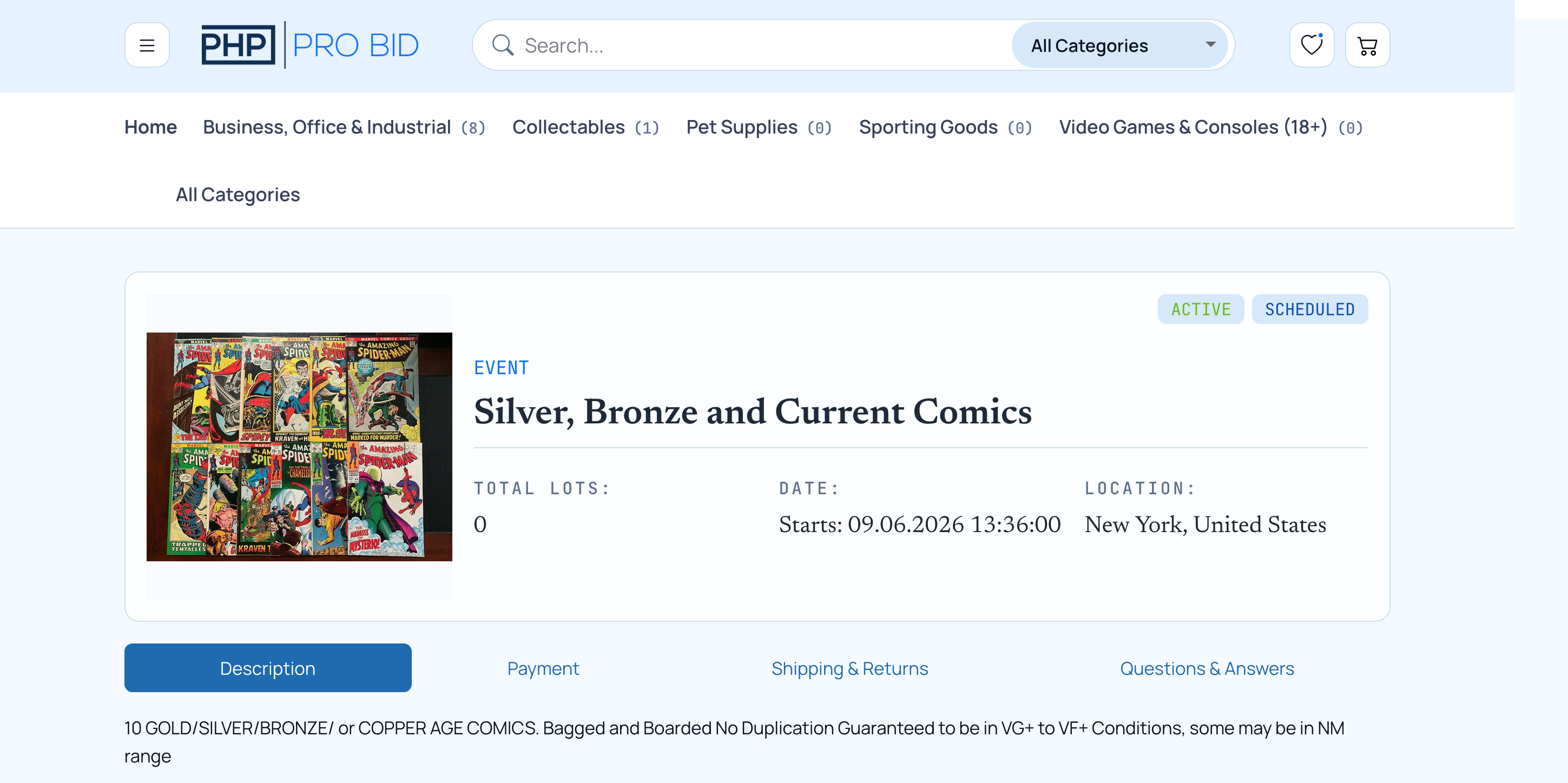 PHP Pro Bid auction event page showing Silver Bronze and Current Comics event with details and lot management