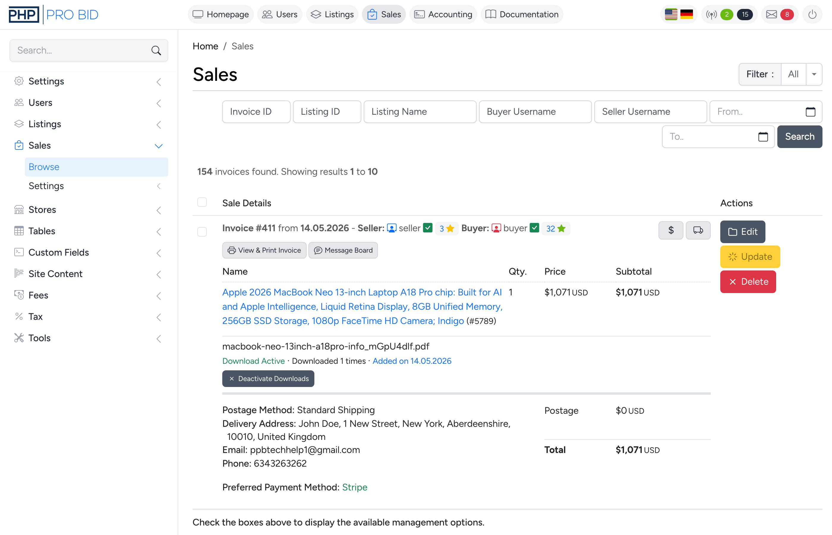 PHP Pro Bid admin sales page showing buyer invoices with line items, totals, and payment status